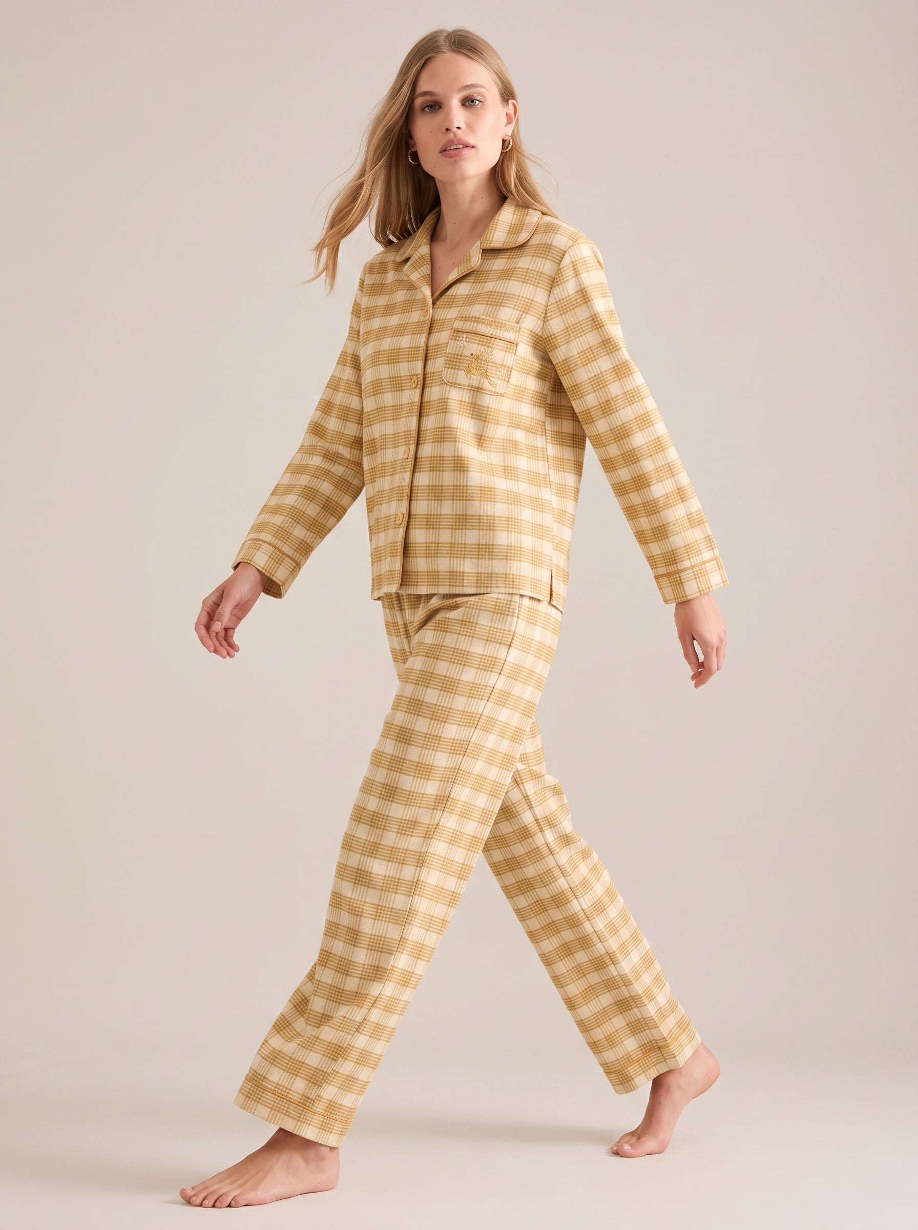 Holiday Plaid Cotton Flannel Pajama Set #color_Golden Holiday Plaid