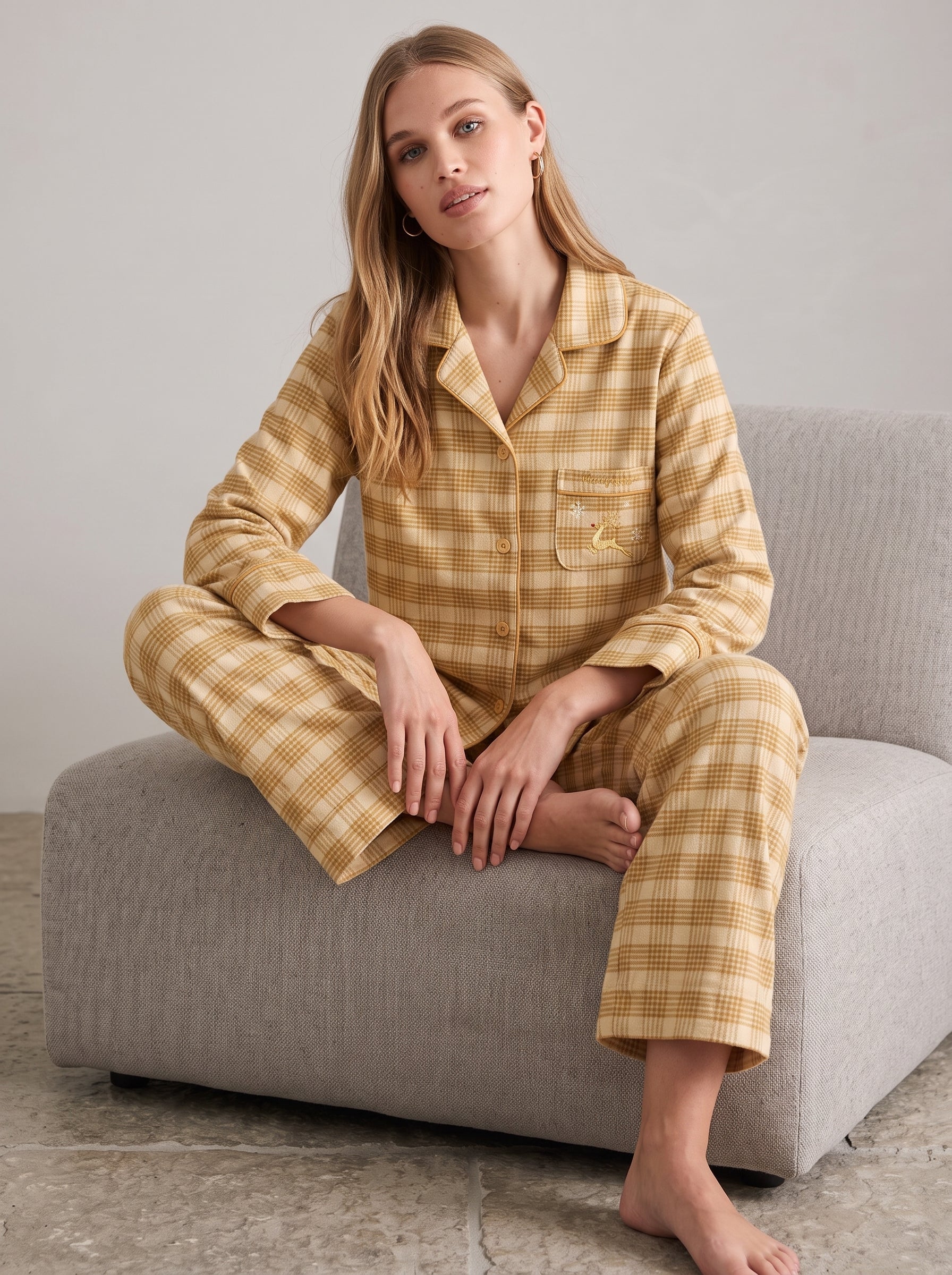 Holiday Plaid Cotton Flannel Pajama Set #color_Golden Holiday Plaid