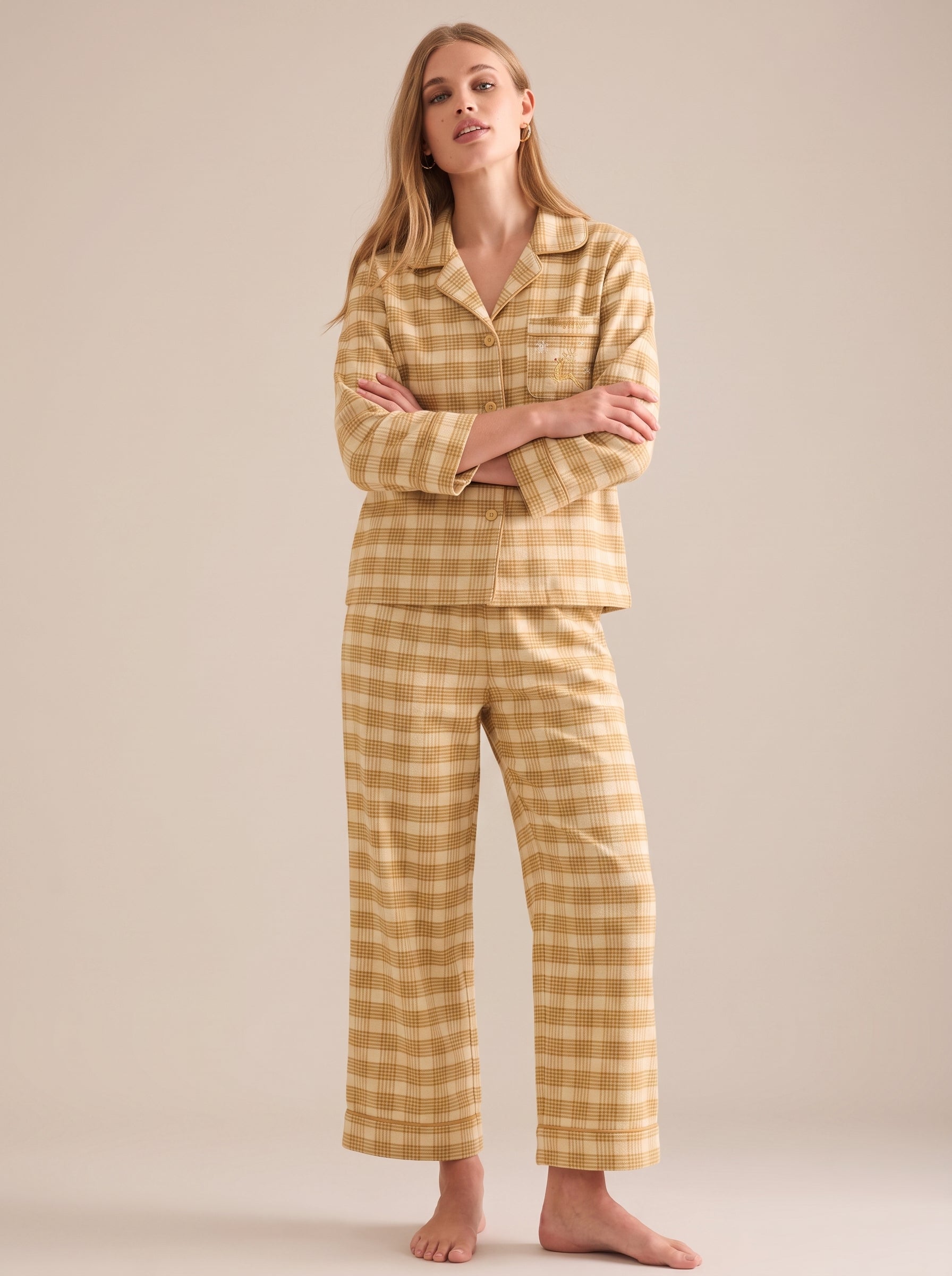 Holiday Plaid Cotton Flannel Pajama Set #color_Golden Holiday Plaid