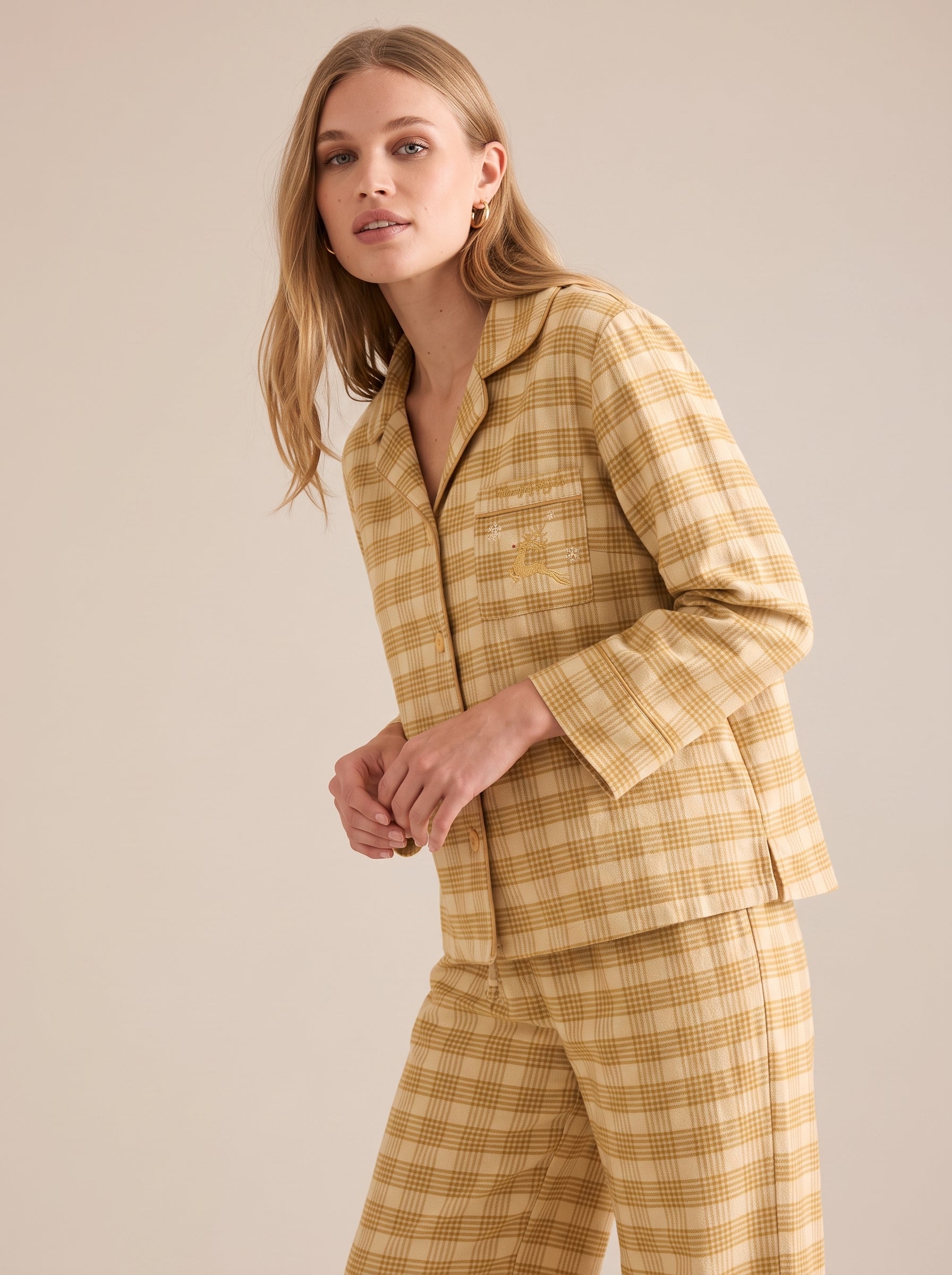 Holiday Plaid Cotton Flannel Pajama Set #color_Golden Holiday Plaid