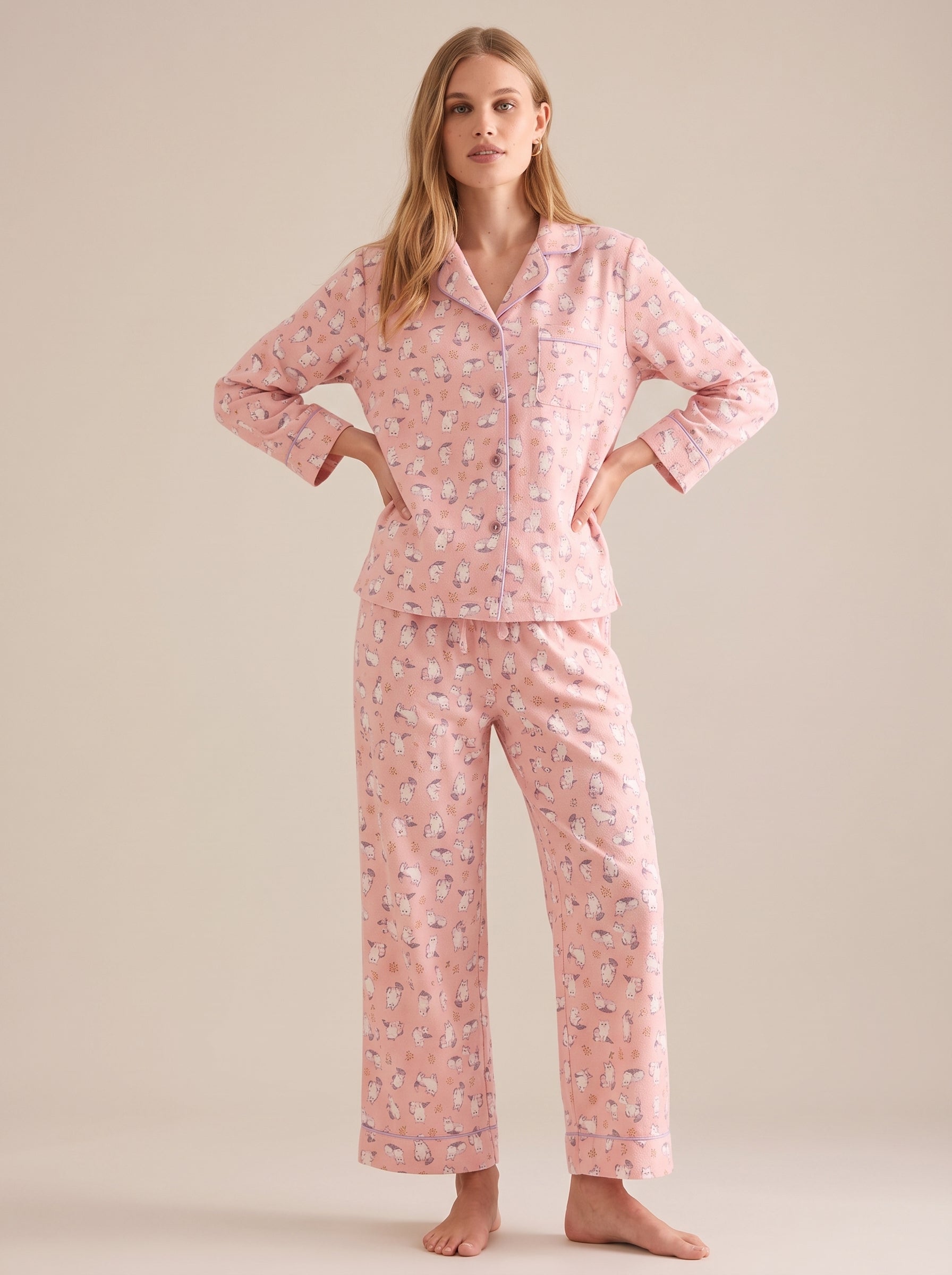 Puppy Print Cotton Flannel Pajama Set #color_Blush Puppy Print