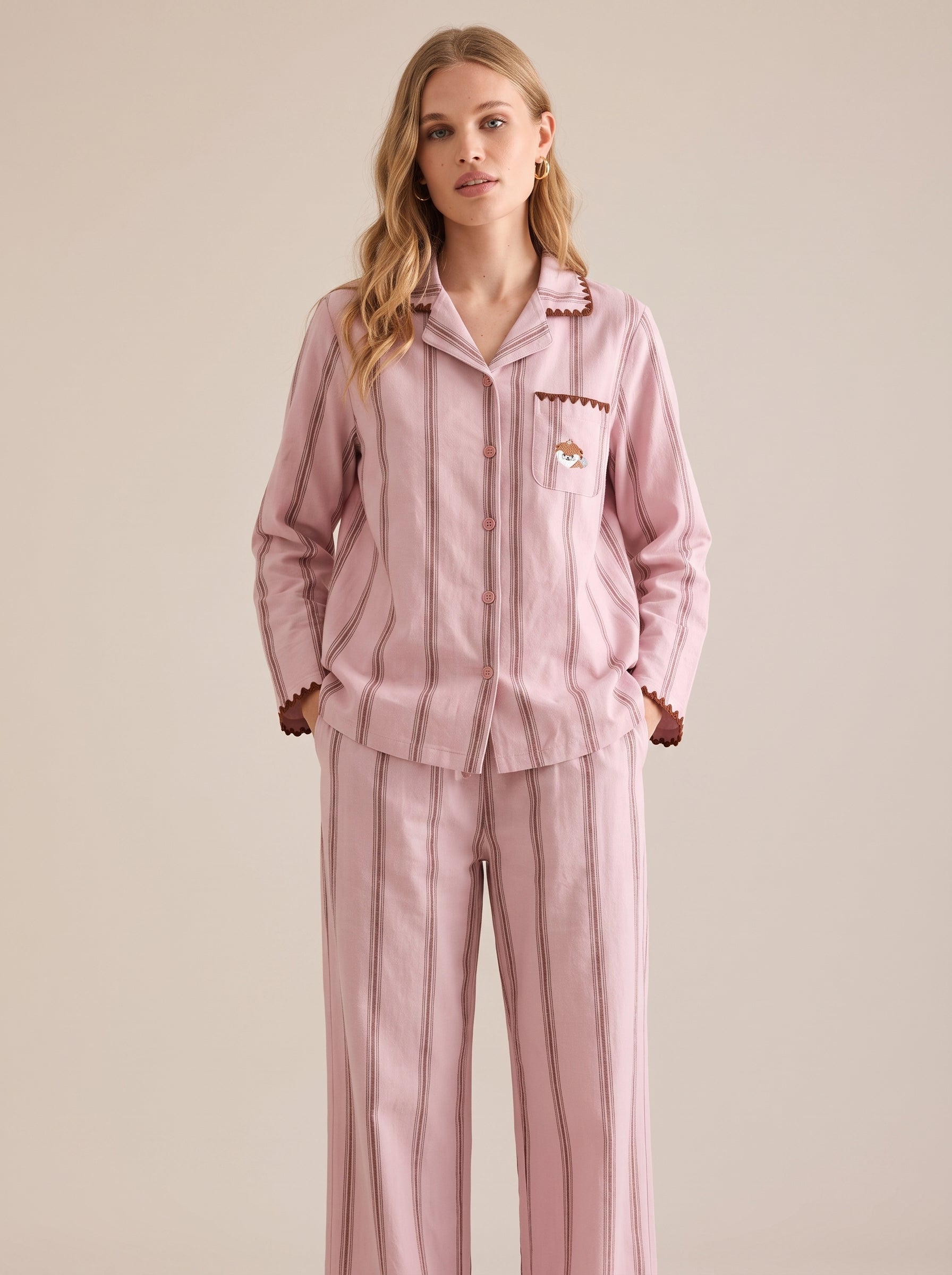 Embroidered Stripe Cotton Pajama Set #color_Pink Embroidered Stripe
