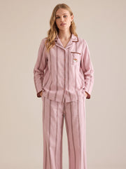 Embroidered Stripe Cotton Pajama Set #color_Pink Embroidered Stripe