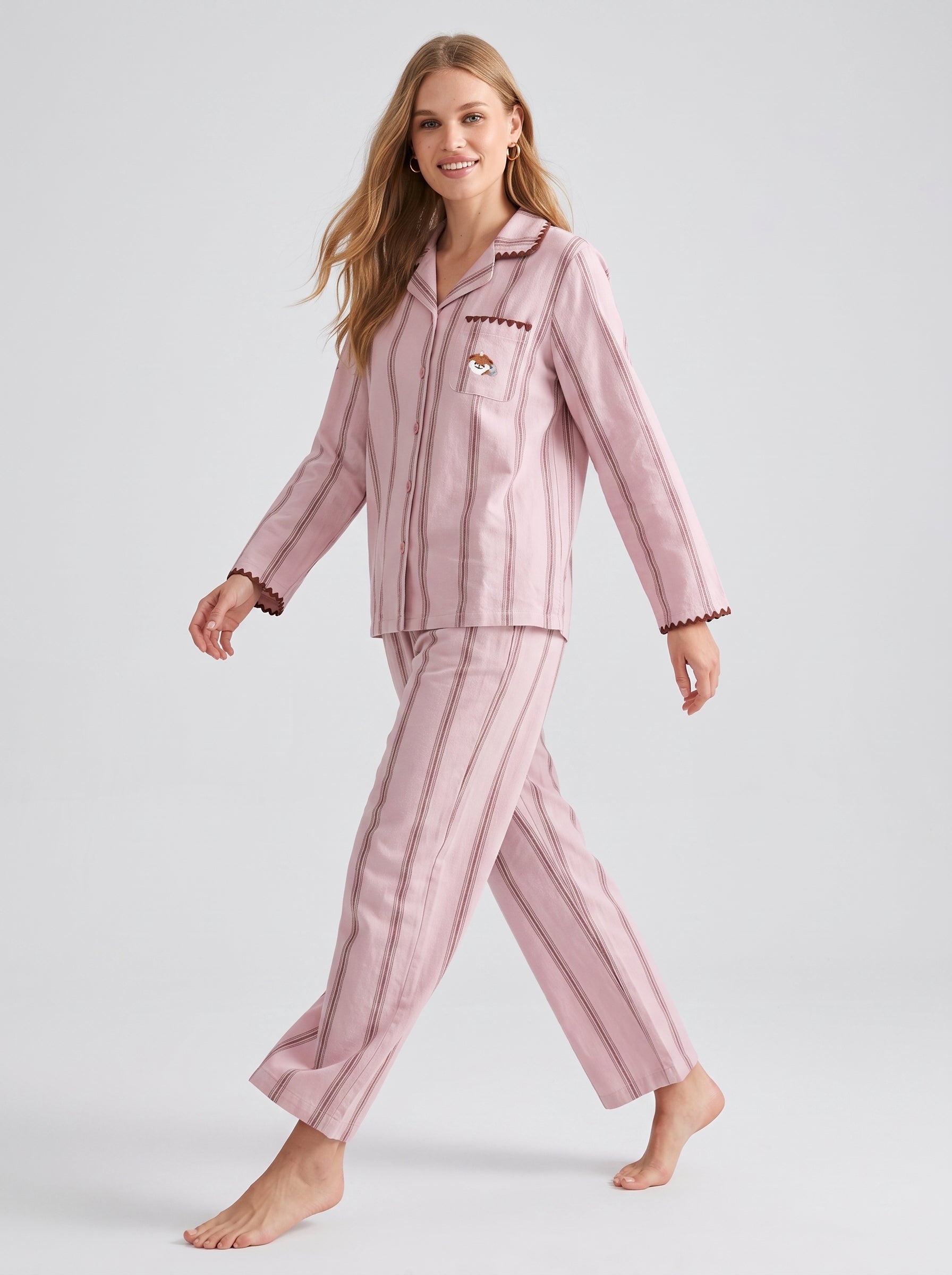 Embroidered Stripe Cotton Pajama Set #color_Pink Embroidered Stripe