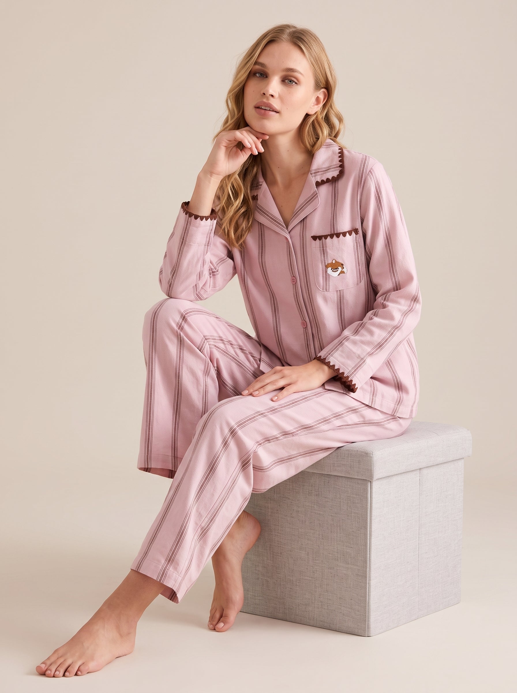 Embroidered Stripe Cotton Pajama Set #color_Pink Embroidered Stripe