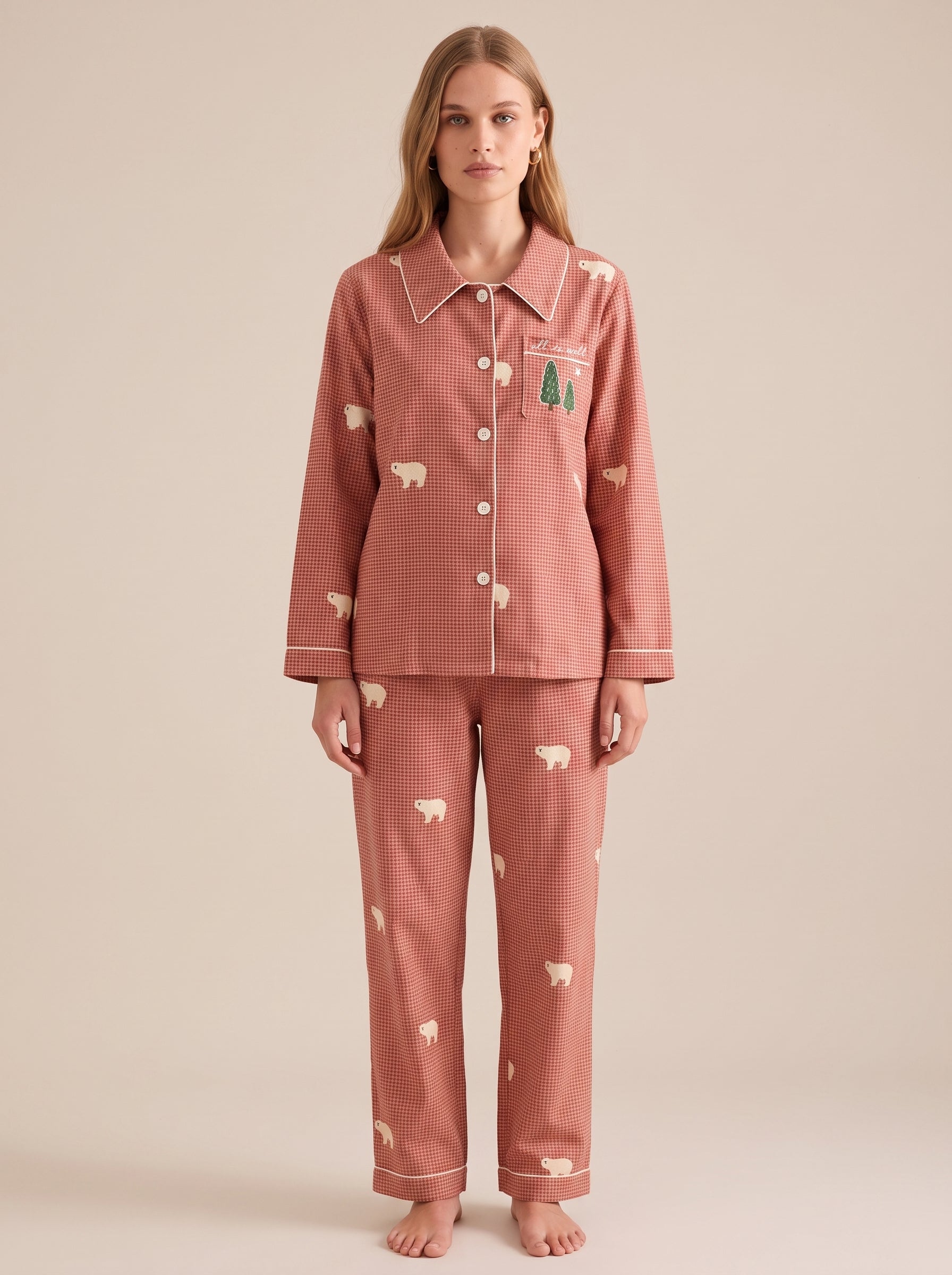 Bear Embroidered Cotton Pajama Set #color_Rose Bear Check