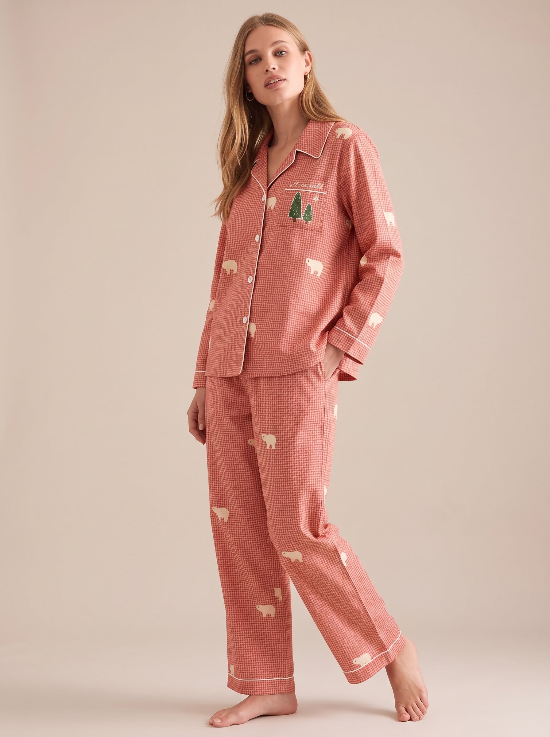 Bear Embroidered Cotton Pajama Set #color_Rose Bear Check