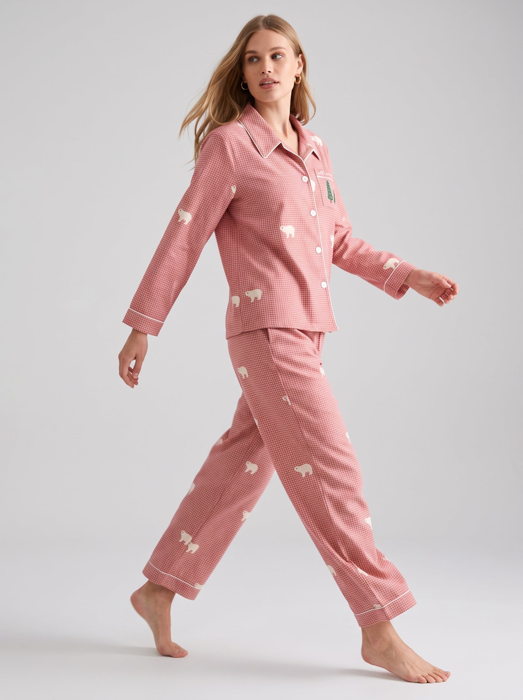 Bear Embroidered Cotton Pajama Set #color_Rose Bear Check