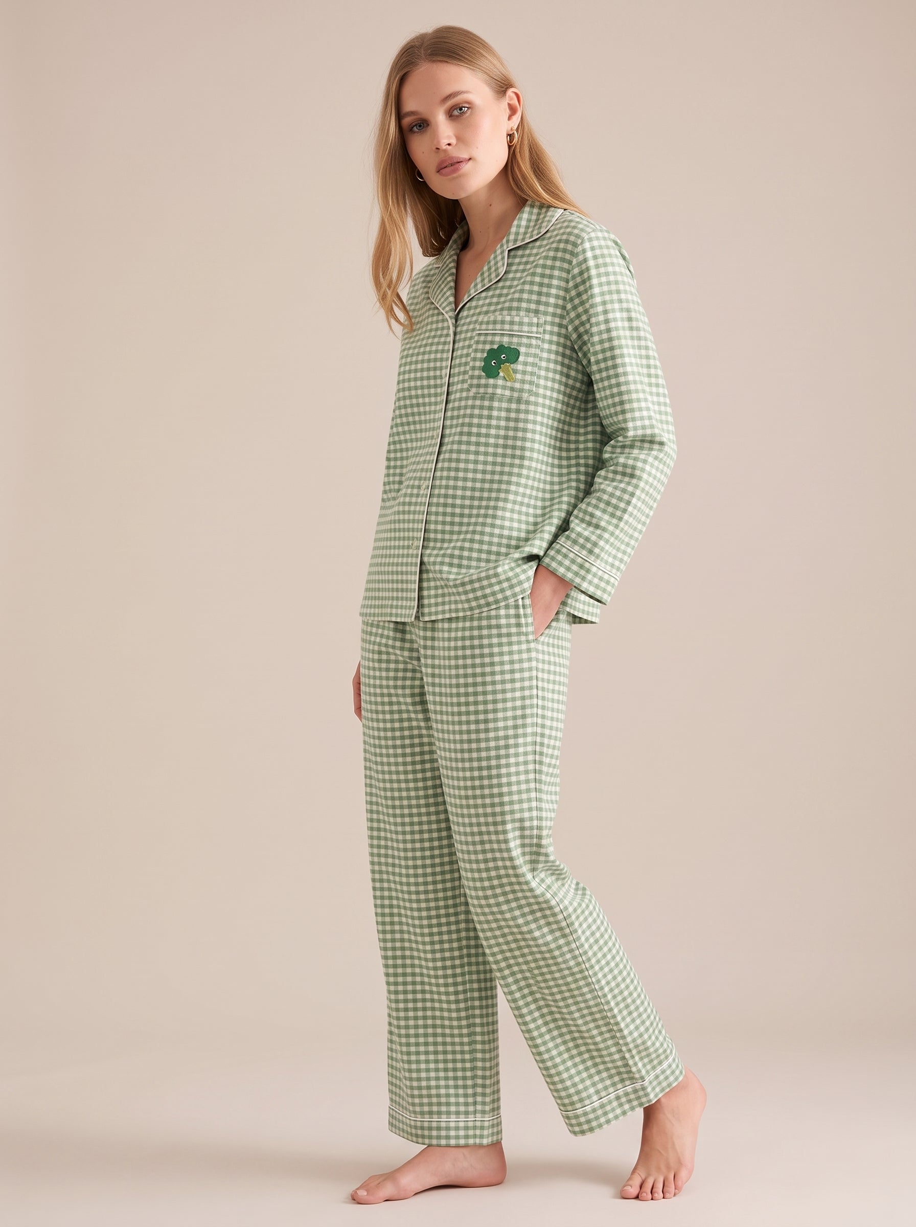 Embroidered Gingham Cotton Pajama Set #color_Broccoli Gingham