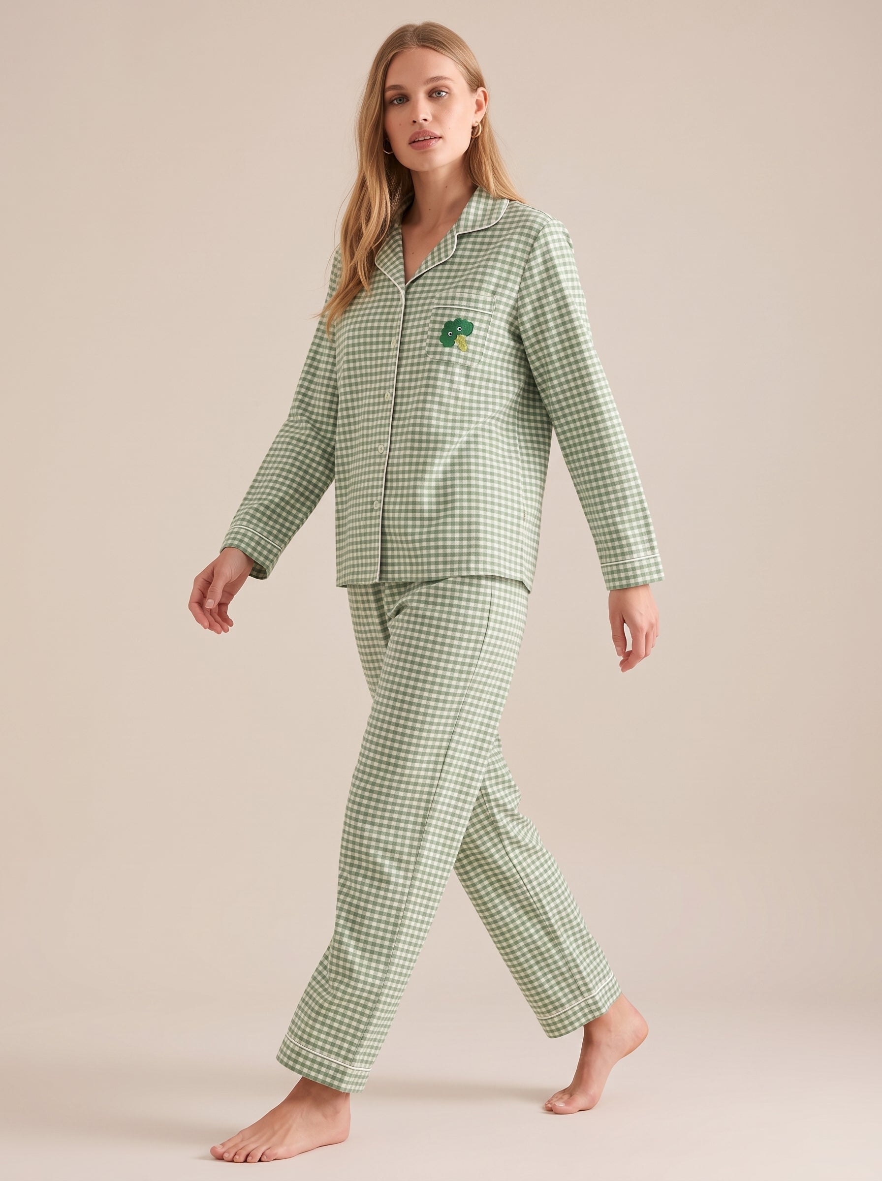 Embroidered Gingham Cotton Pajama Set #color_Broccoli Gingham