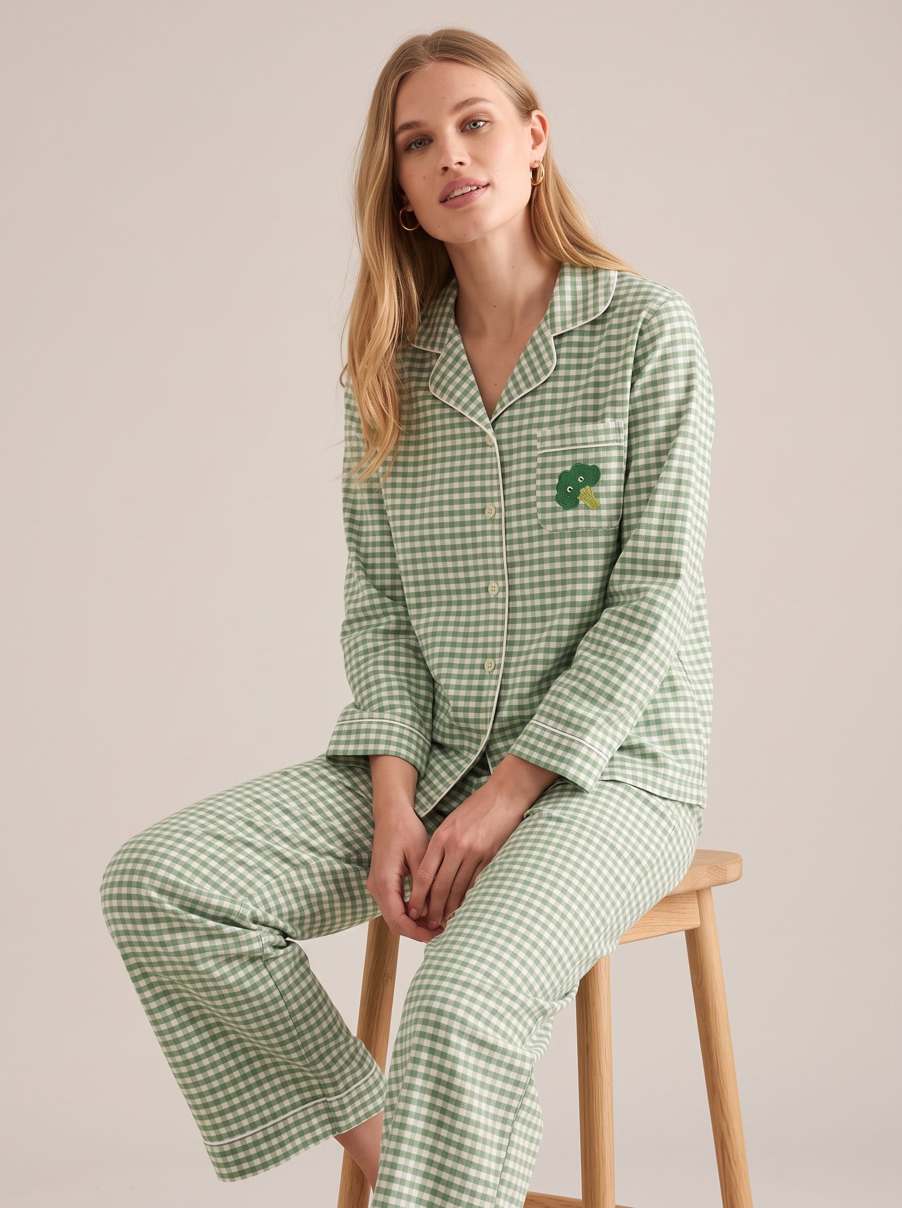 Embroidered Gingham Cotton Pajama Set #color_Broccoli Gingham