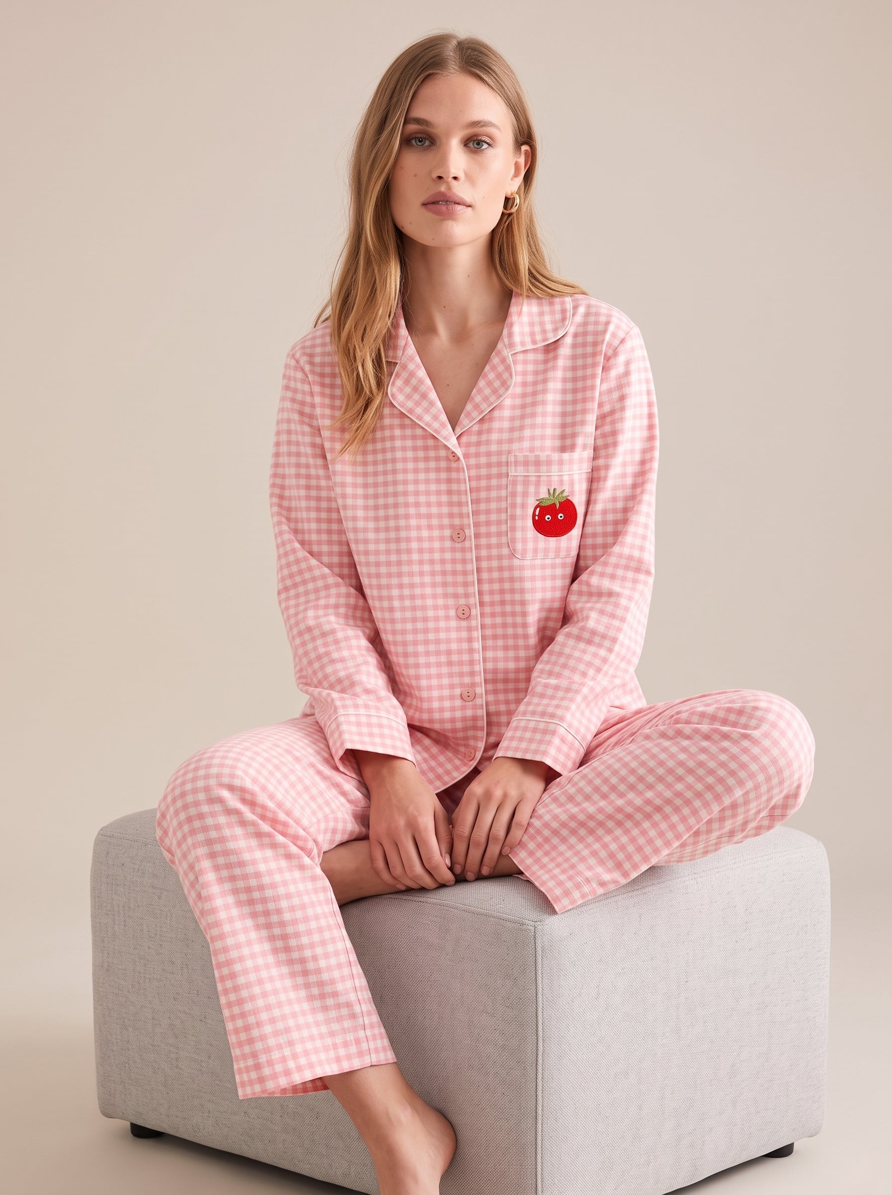 Embroidered Gingham Cotton Pajama Set #color_Tomato Gingham