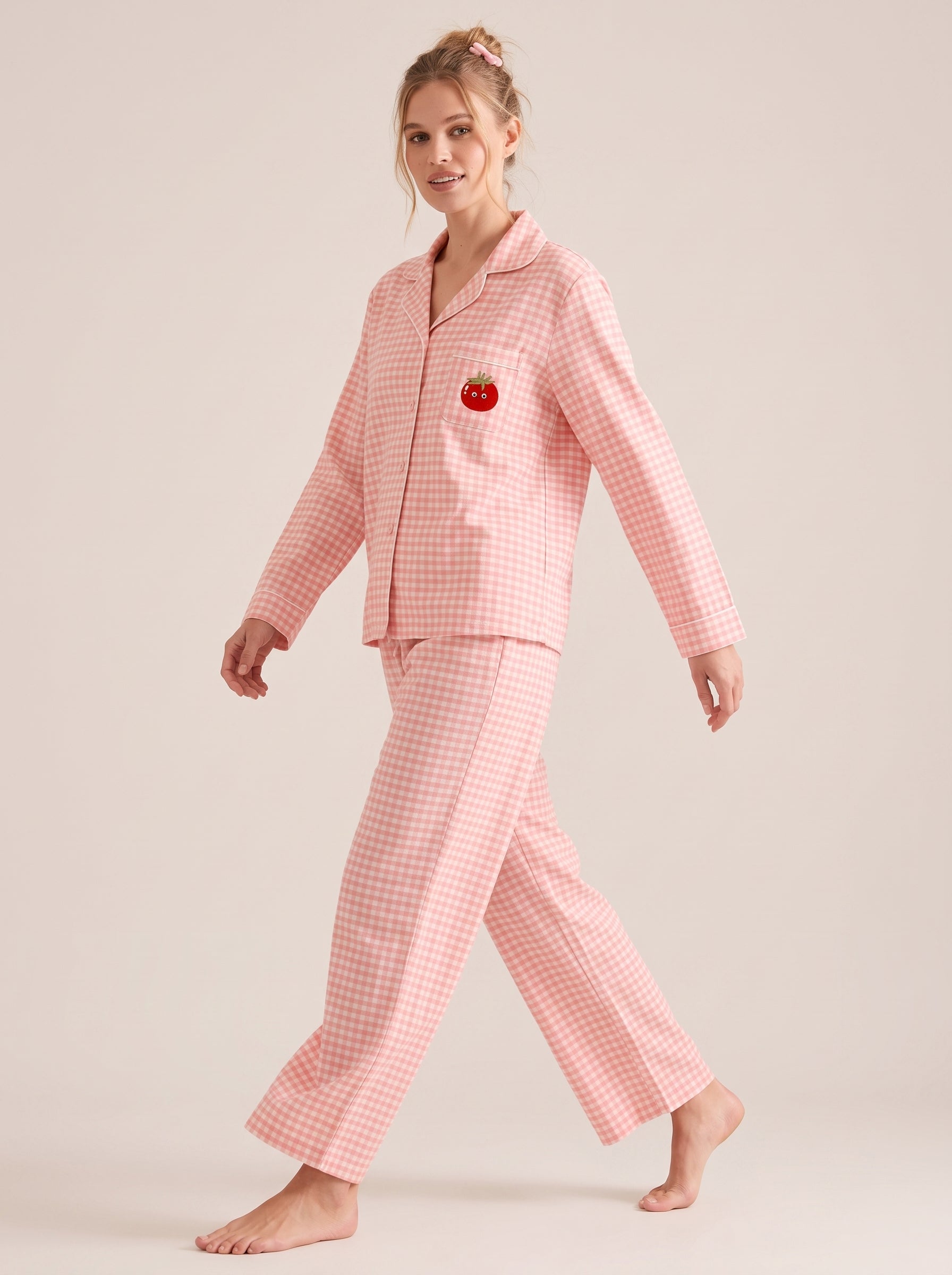 Embroidered Gingham Cotton Pajama Set #color_Tomato Gingham