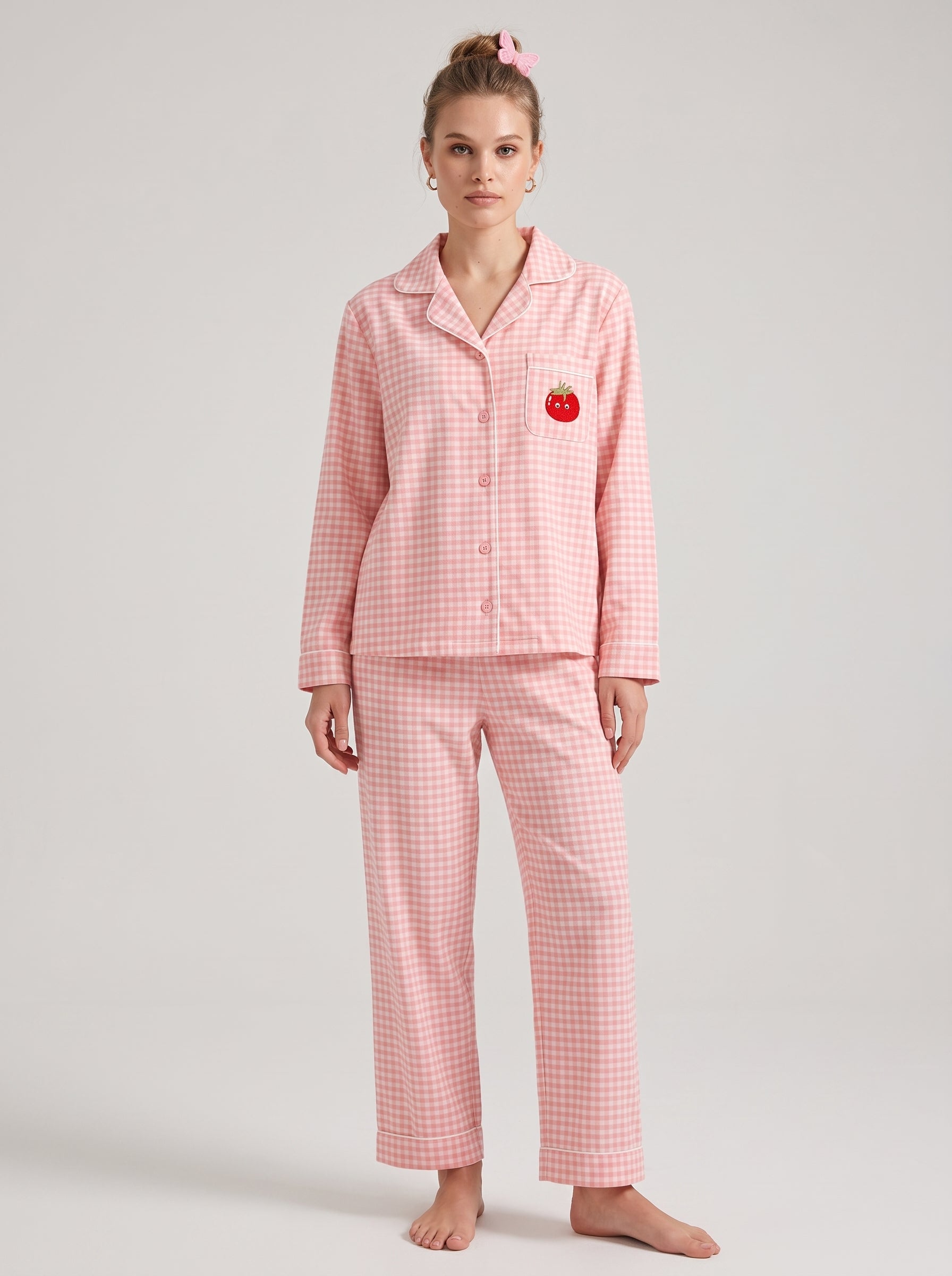 Embroidered Gingham Cotton Pajama Set #color_Tomato Gingham