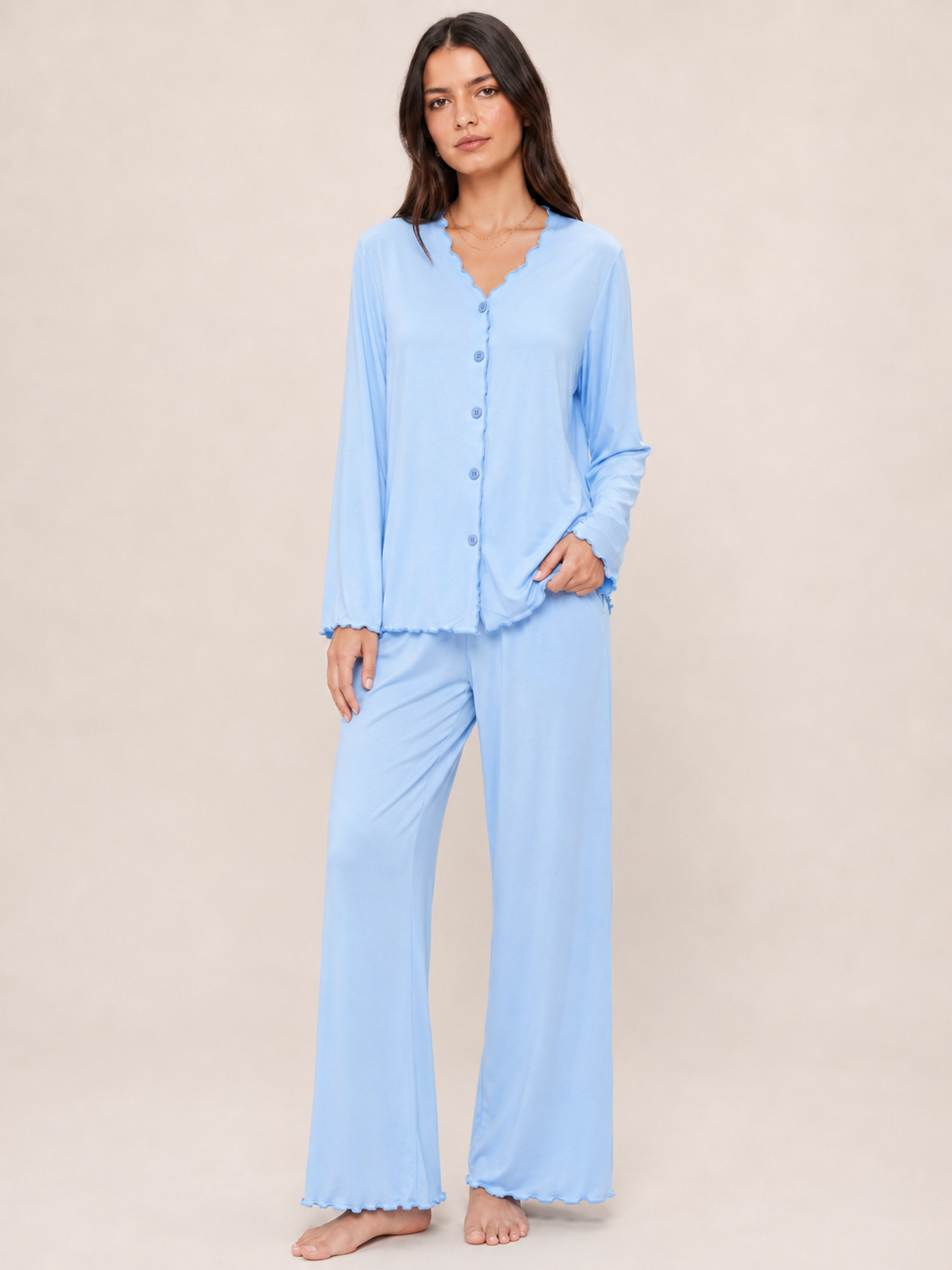 Sky Blue Scalloped Modal Pajama Set #color_Sky Blue