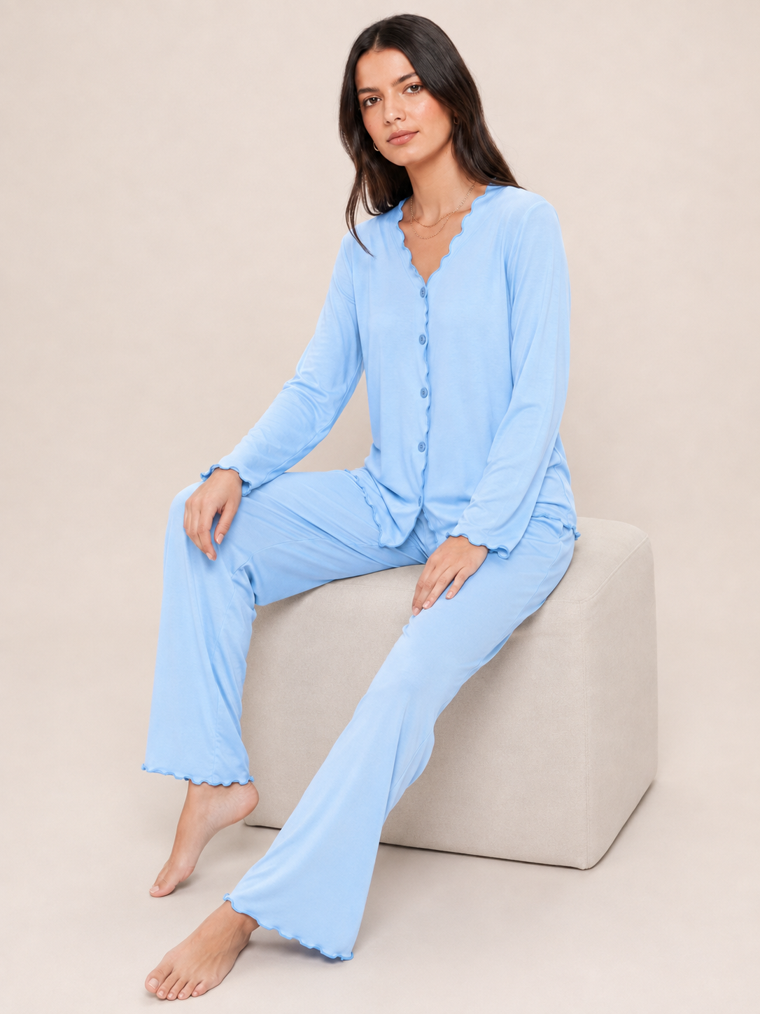 Sky Blue Scalloped Modal Pajama Set #color_Sky Blue