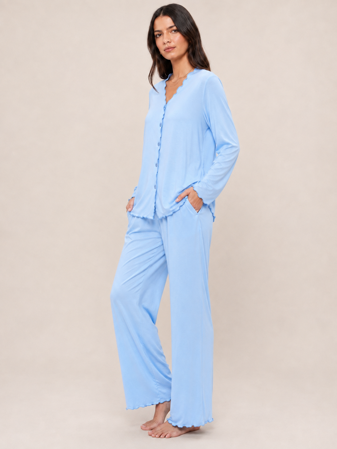 Sky Blue Scalloped Modal Pajama Set #color_Sky Blue