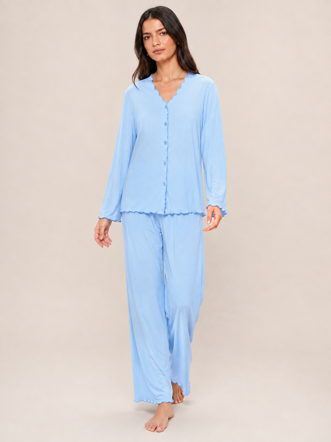 Sky Blue Scalloped Modal Pajama Set #color_Sky Blue