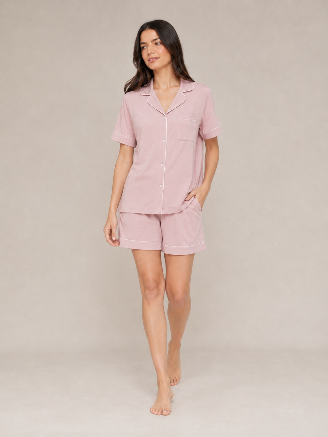 Dusty Rose Piped Modal Short Pajama Set #color_Dusty Rose
