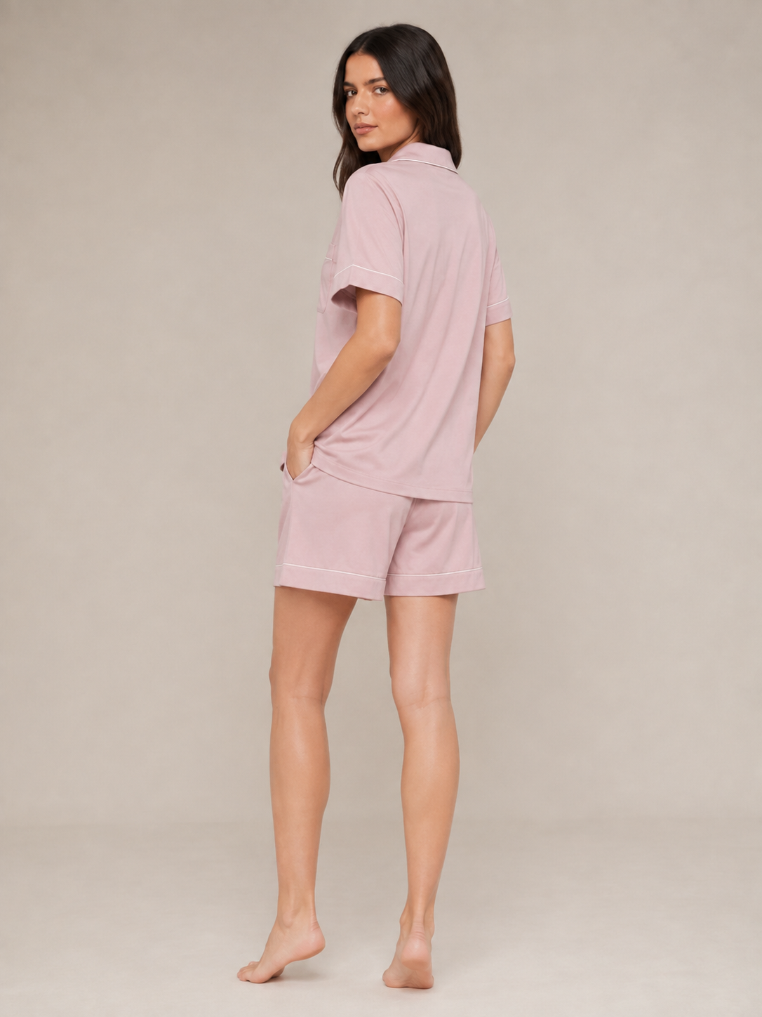Dusty Rose Piped Modal Short Pajama Set #color_Dusty Rose