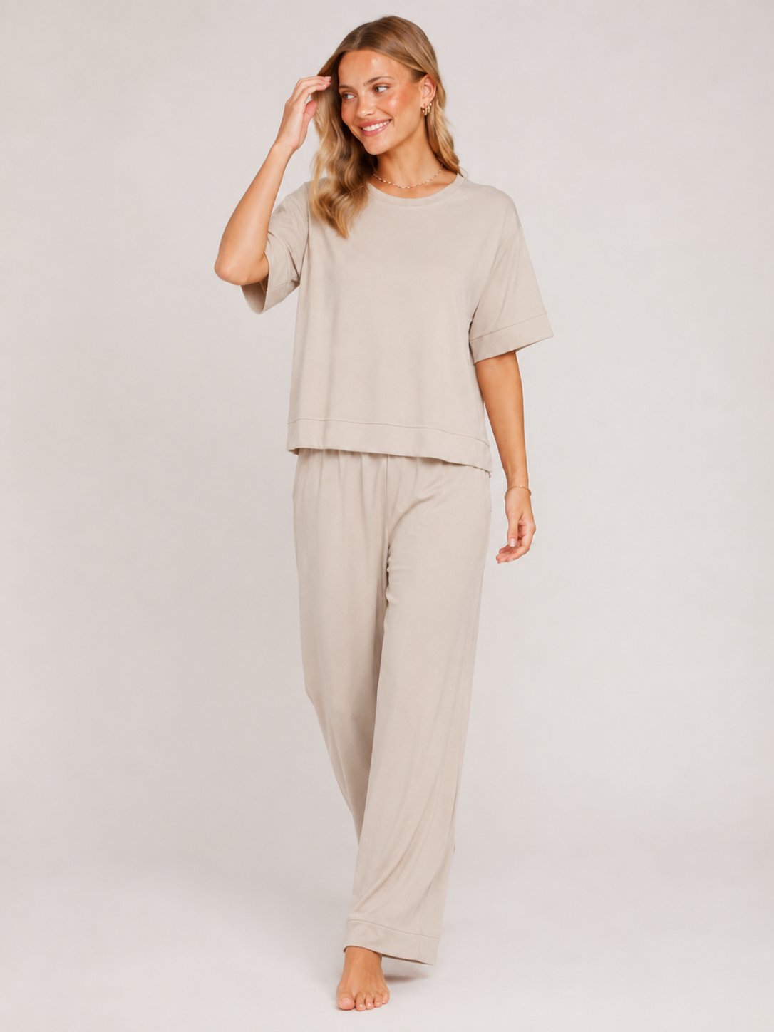 Greige Modal Wide-Leg Pajama Set #color_Greige
