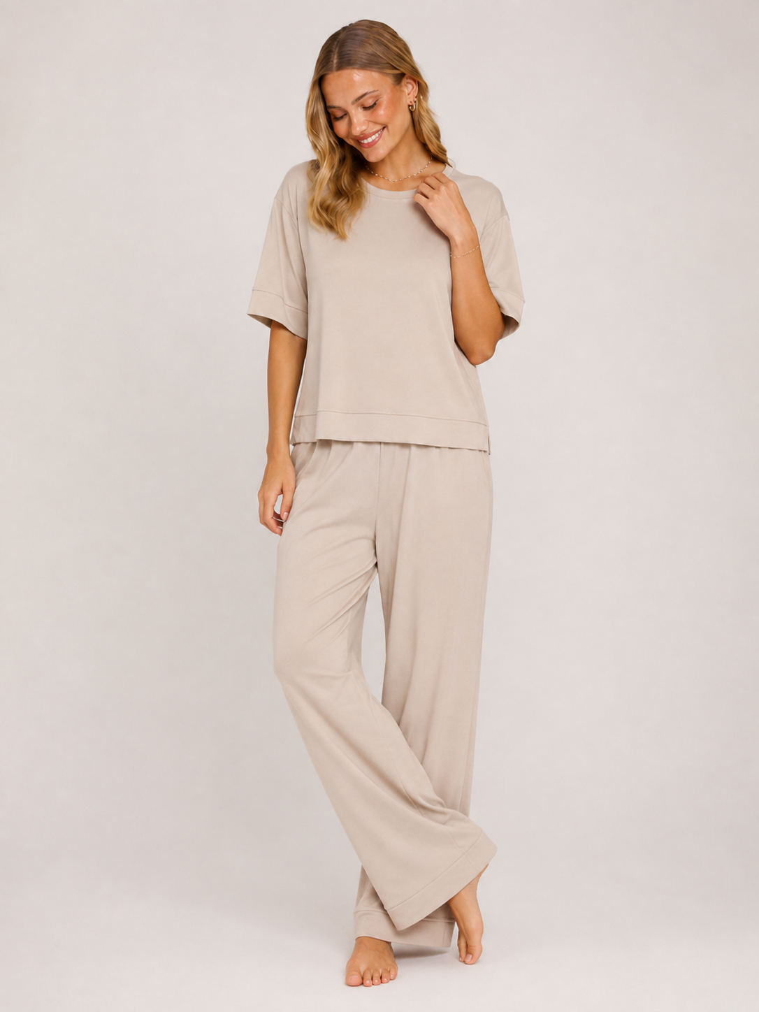 Greige Modal Wide-Leg Pajama Set #color_Greige