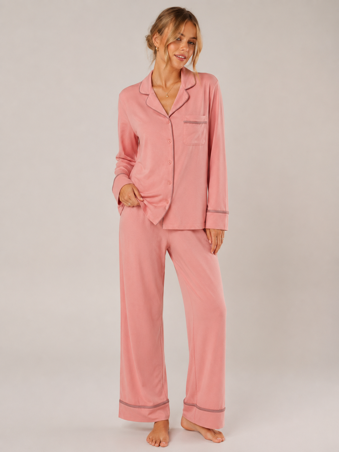 Coral Pink Modal Button-Front Pajama Set #color_Coral Pink