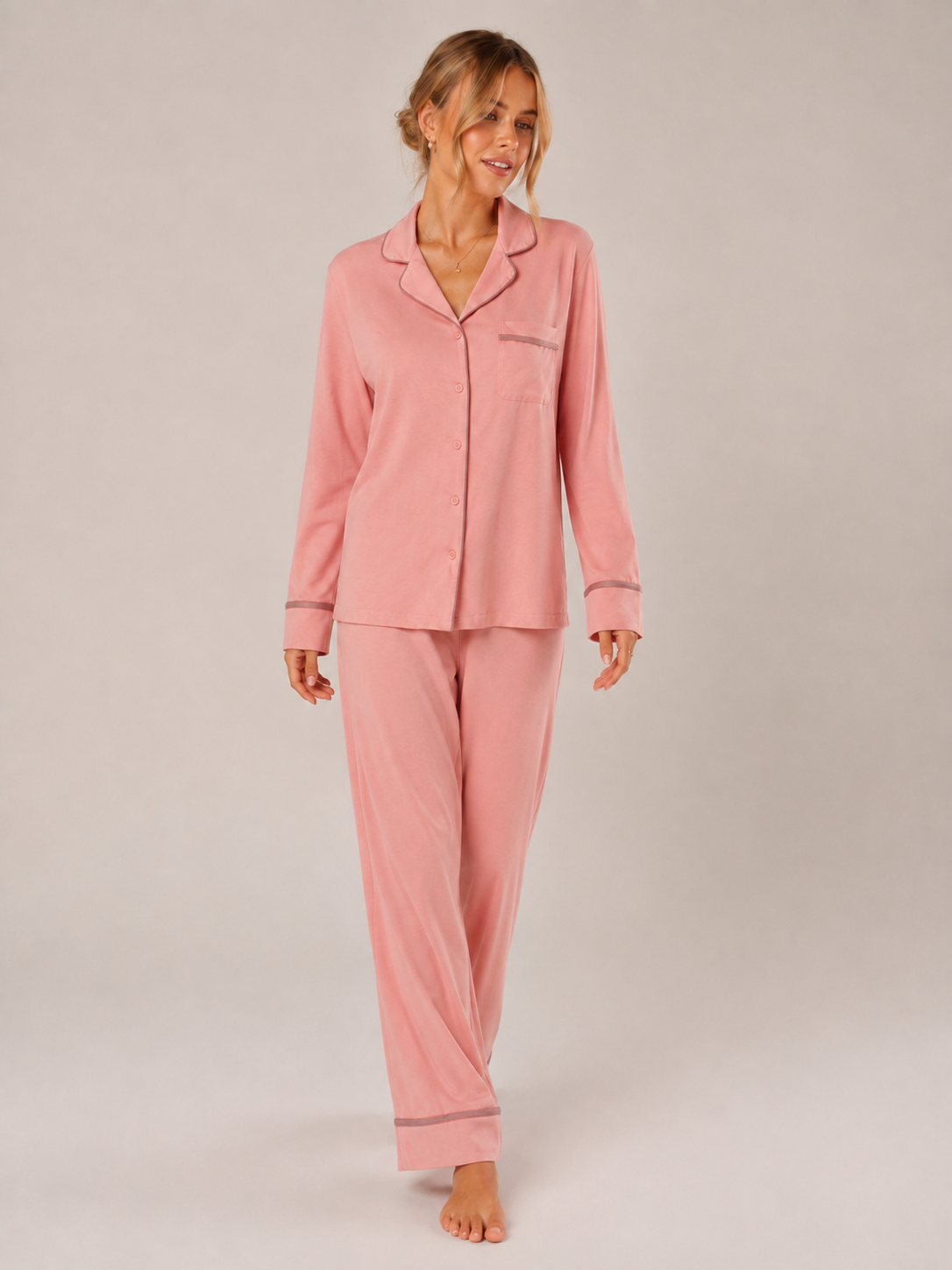 Coral Pink Modal Button-Front Pajama Set #color_Coral Pink