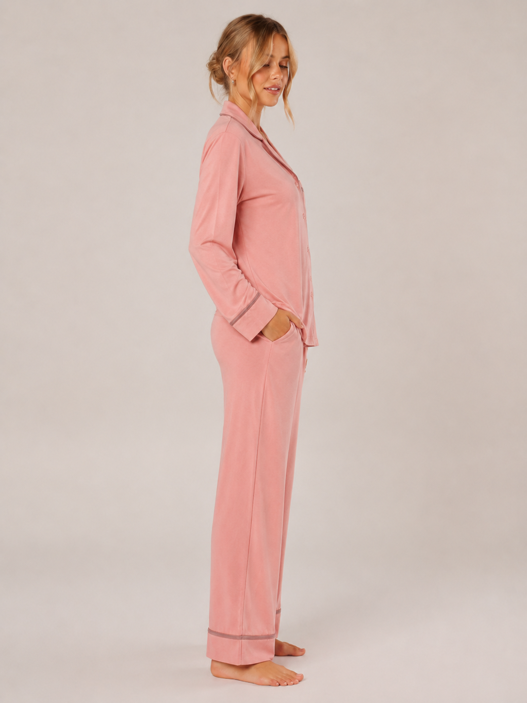 Coral Pink Modal Button-Front Pajama Set #color_Coral Pink