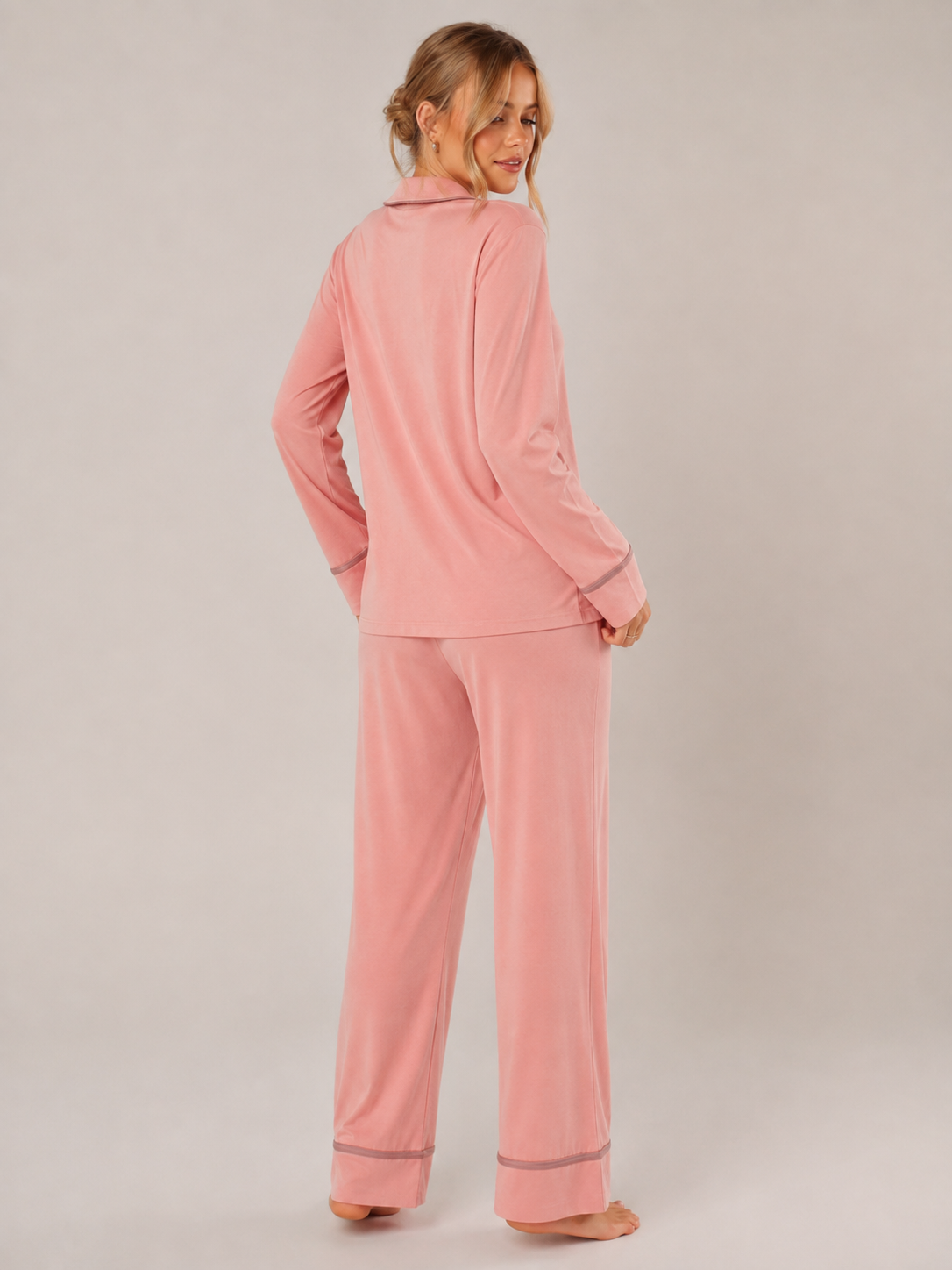 Coral Pink Modal Button-Front Pajama Set #color_Coral Pink