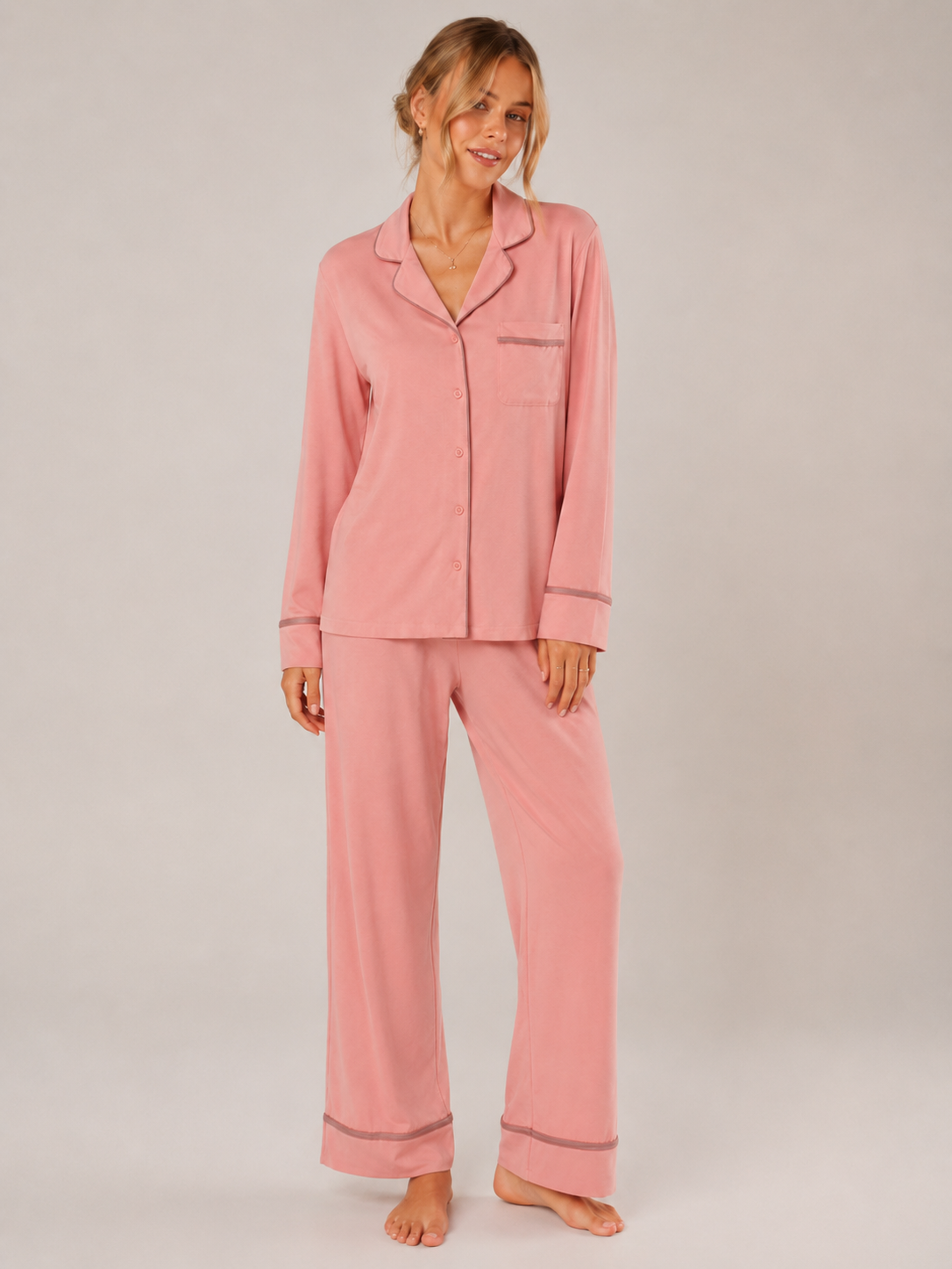 Coral Pink Modal Button-Front Pajama Set #color_Coral Pink