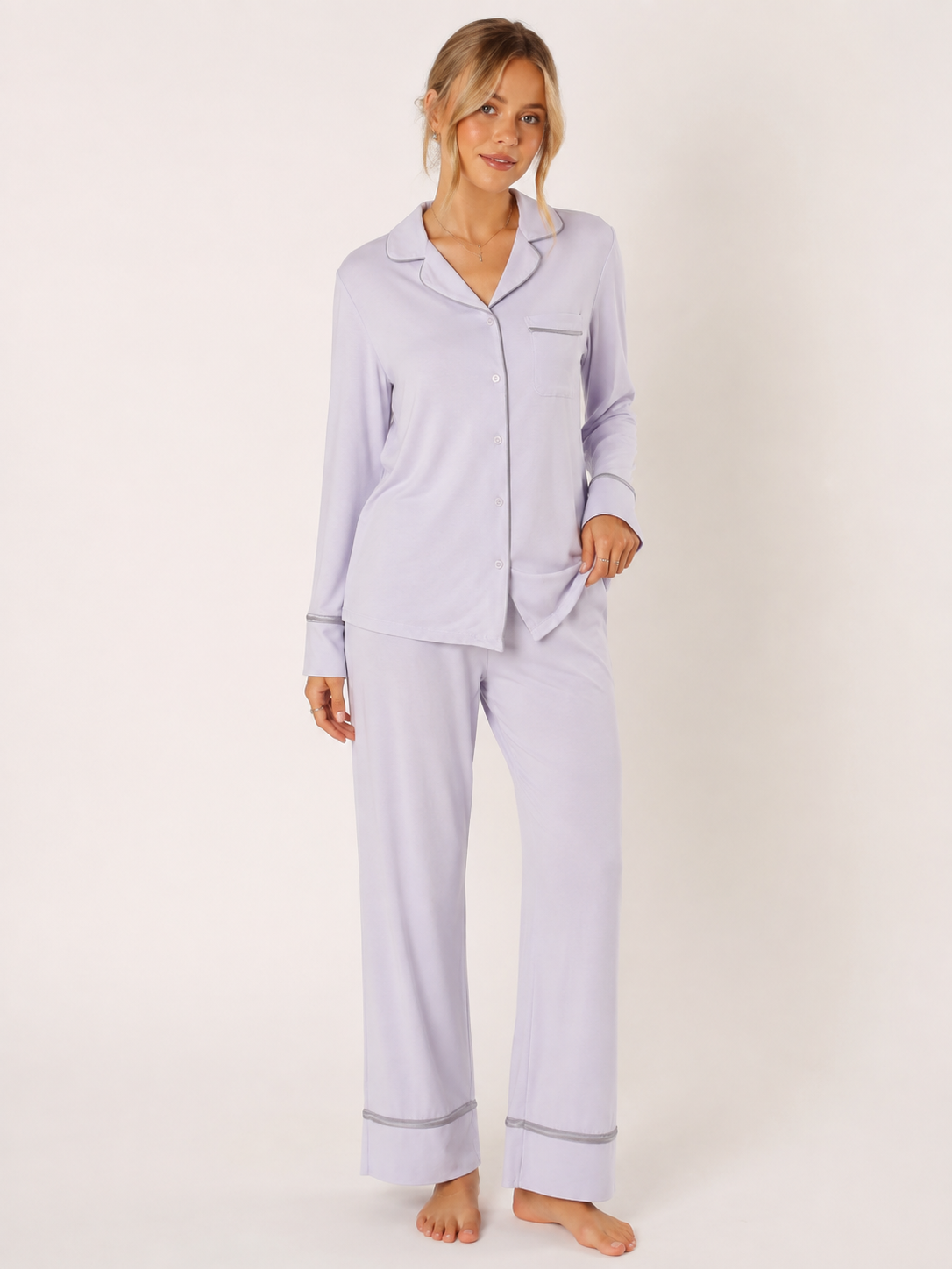 Lavender Modal Button-Front Pajama Set #color_Lavender