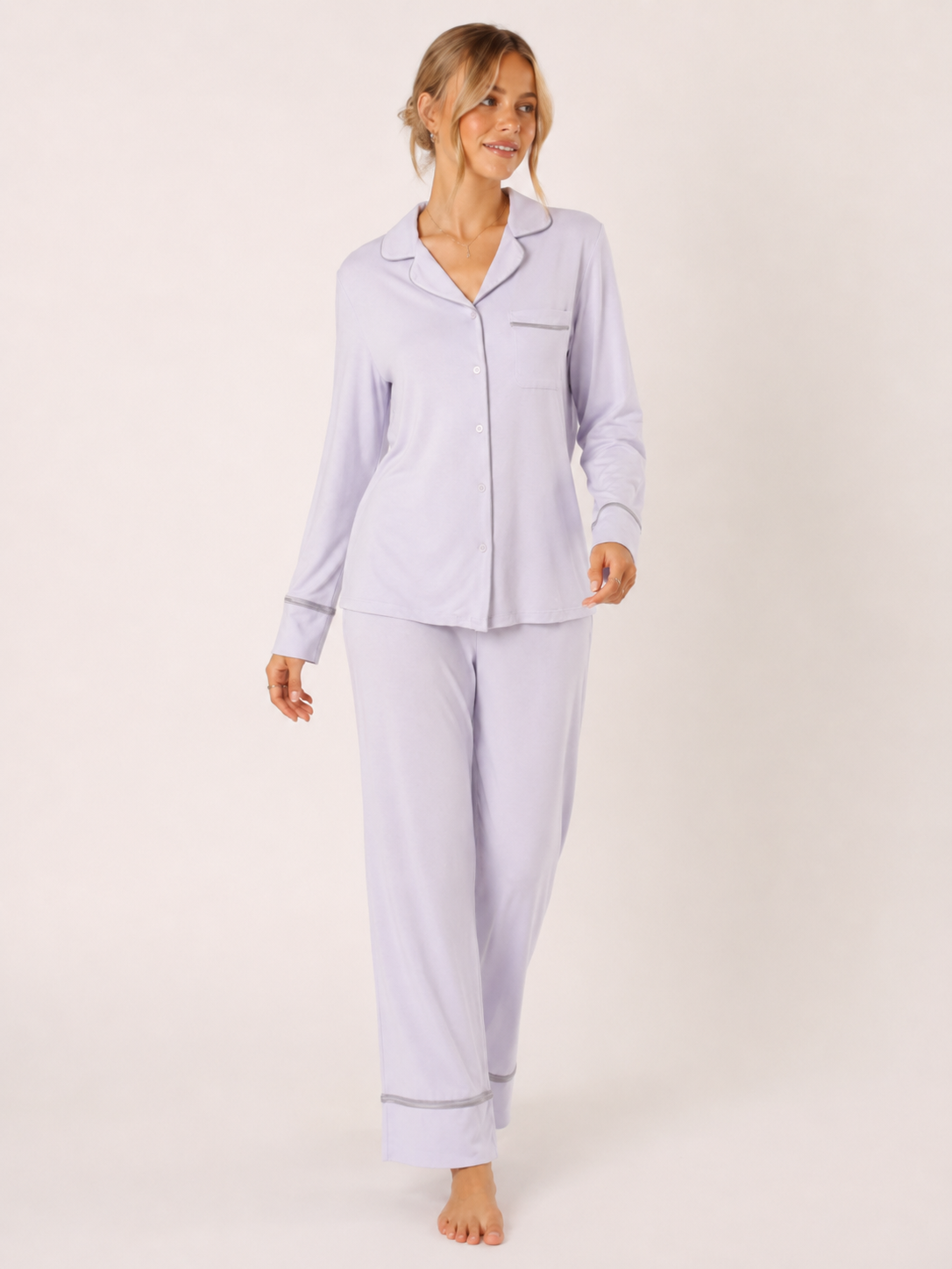Lavender Modal Button-Front Pajama Set #color_Lavender