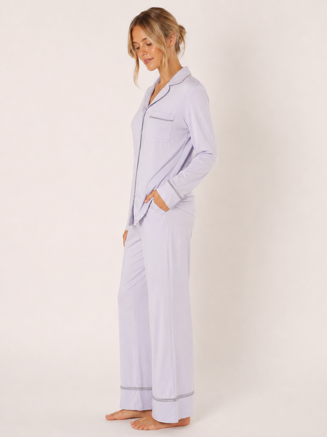 Lavender Modal Button-Front Pajama Set #color_Lavender