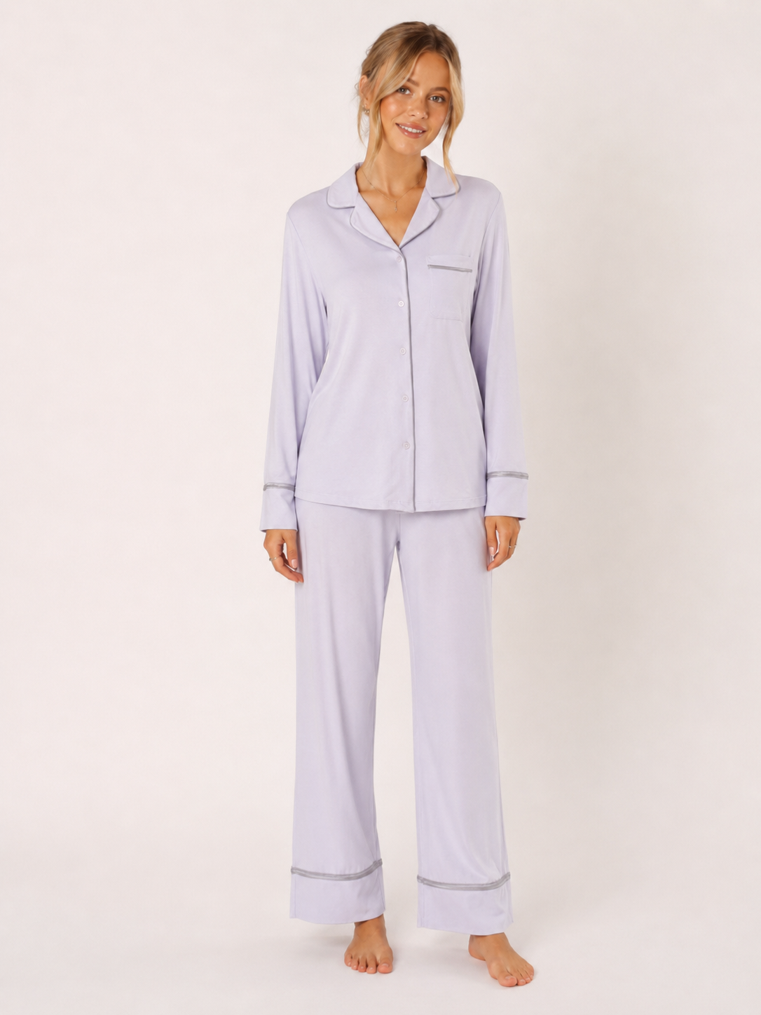 Lavender Modal Button-Front Pajama Set #color_Lavender
