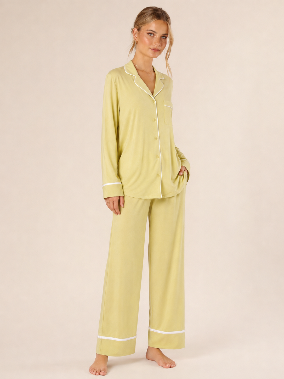 Pistachio Modal Button-Front Pajama Set #color_Pistachio