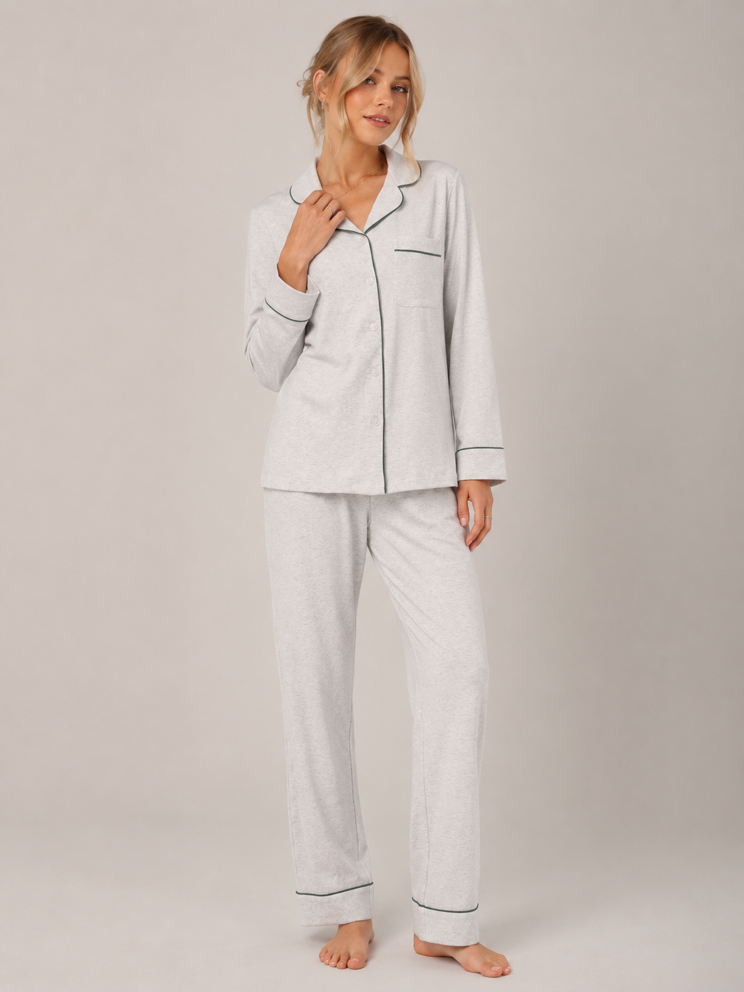 Light Gray Cotton Button-Front Pajama Set #color_Light Gray