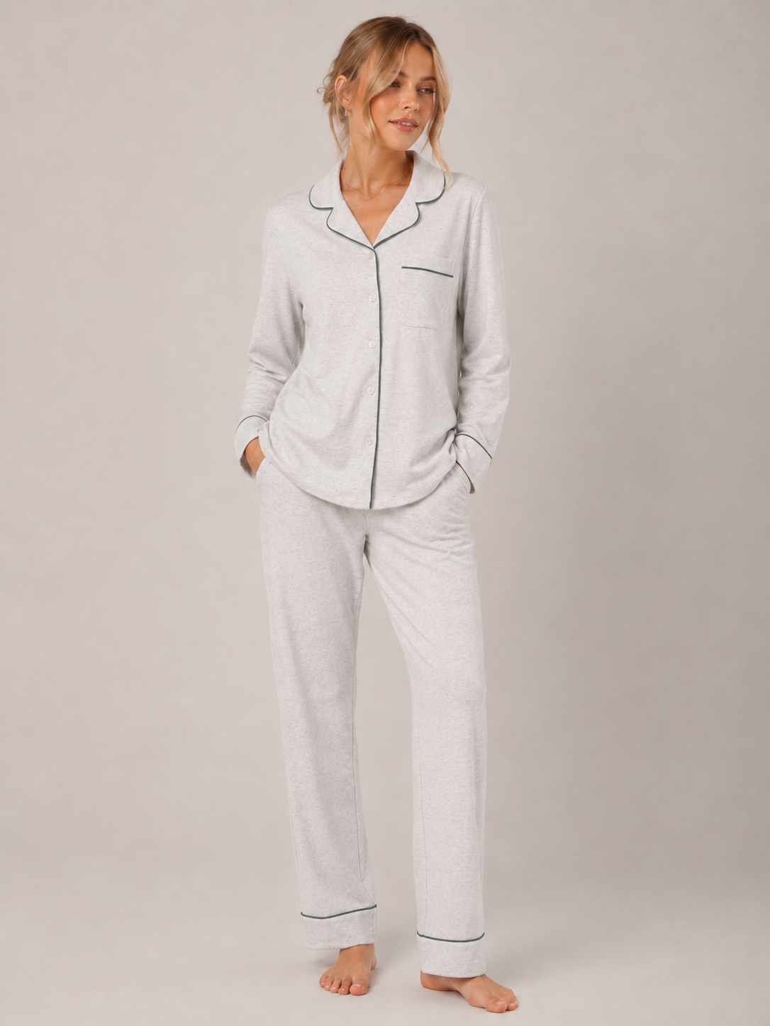 Light Gray Cotton Button-Front Pajama Set #color_Light Gray