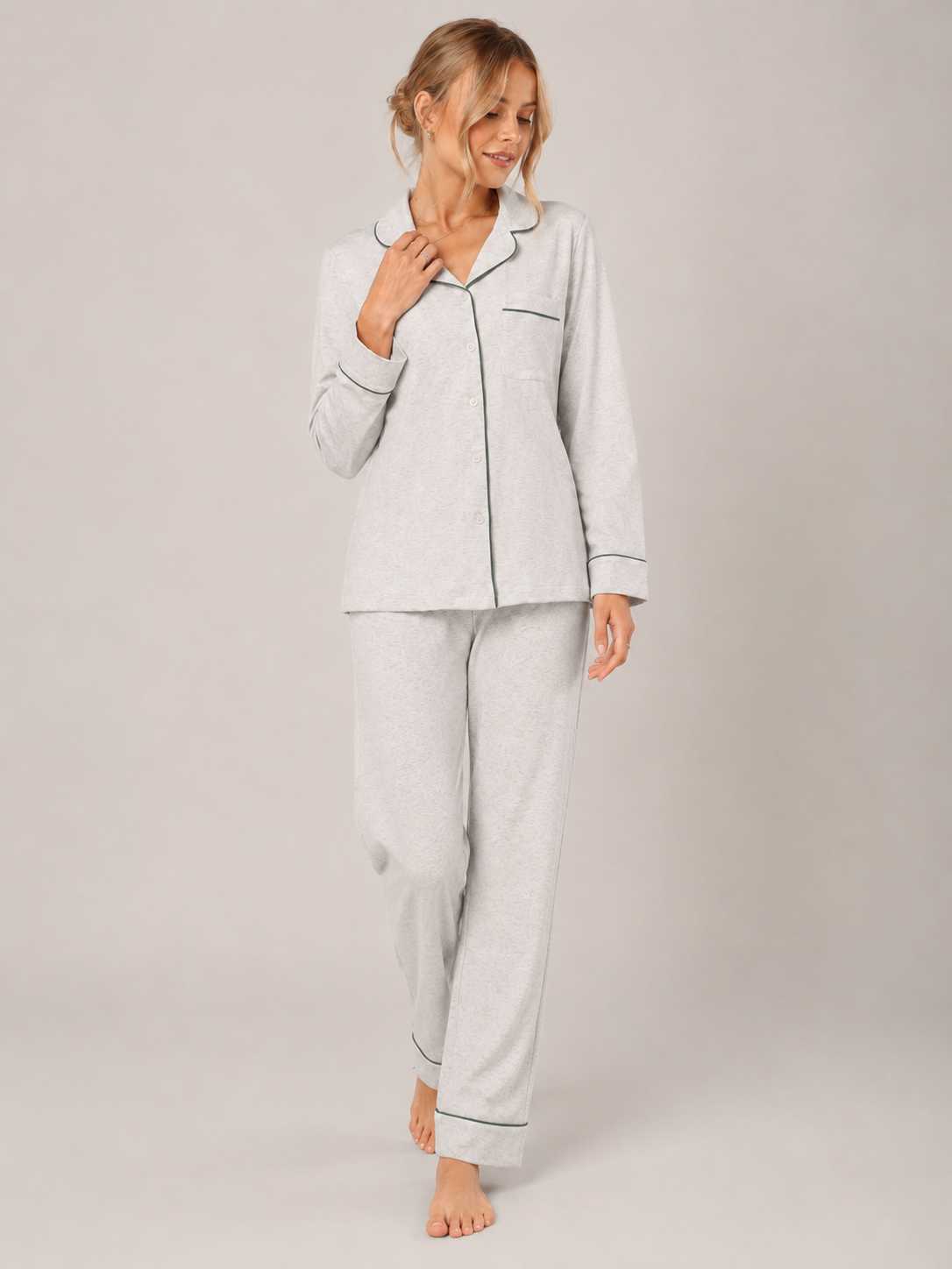 Light Gray Cotton Button-Front Pajama Set #color_Light Gray