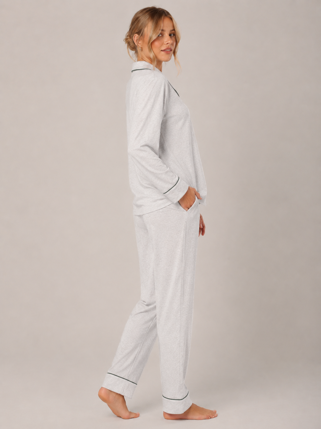 Light Gray Cotton Button-Front Pajama Set #color_Light Gray