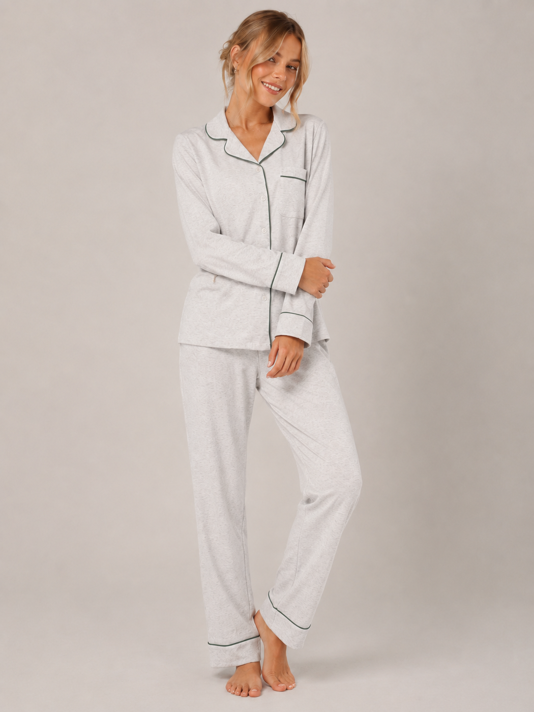 Light Gray Cotton Button-Front Pajama Set #color_Light Gray