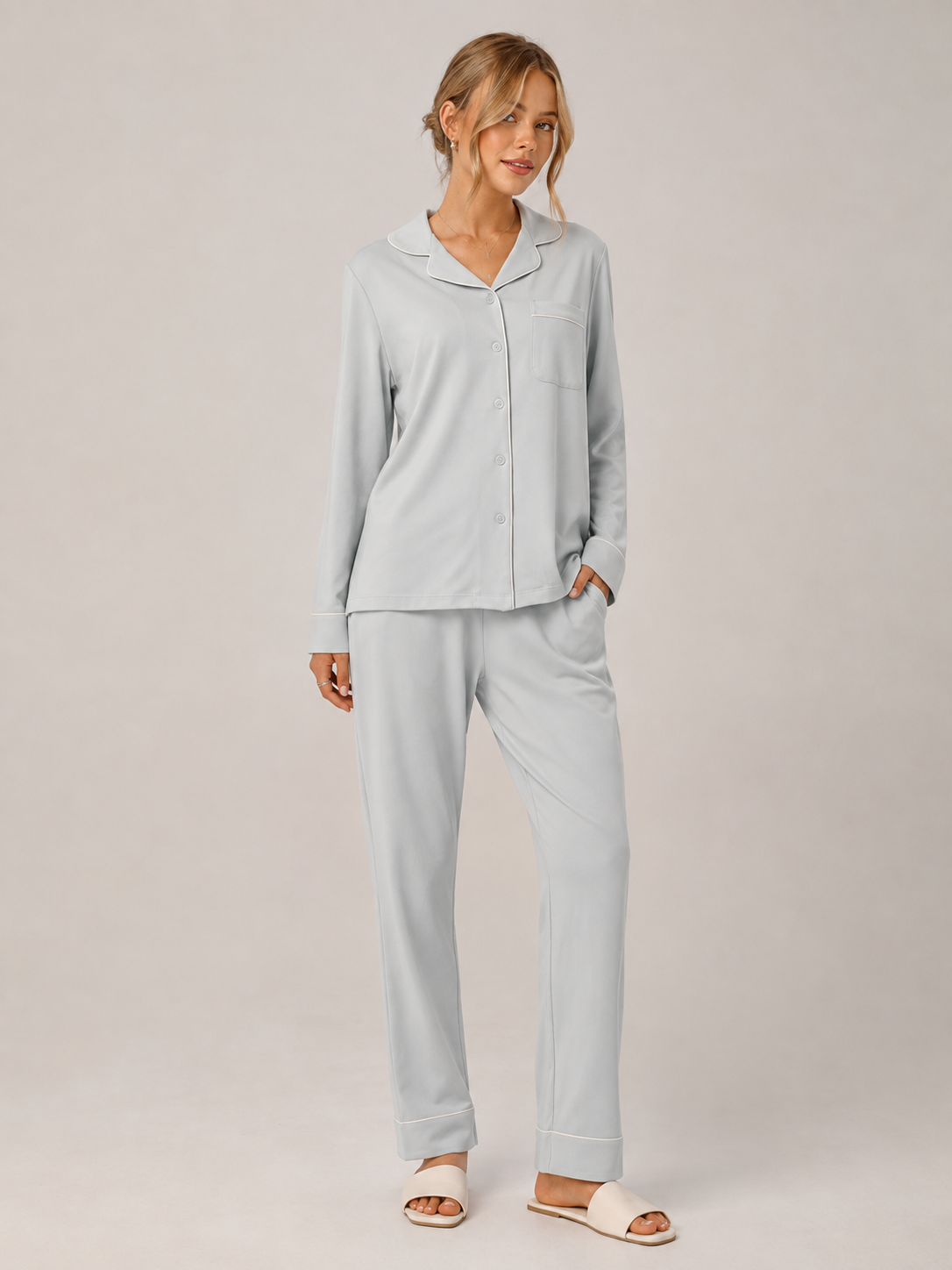 Ice Blue Cotton Button-Front Pajama Set #color_Ice Blue
