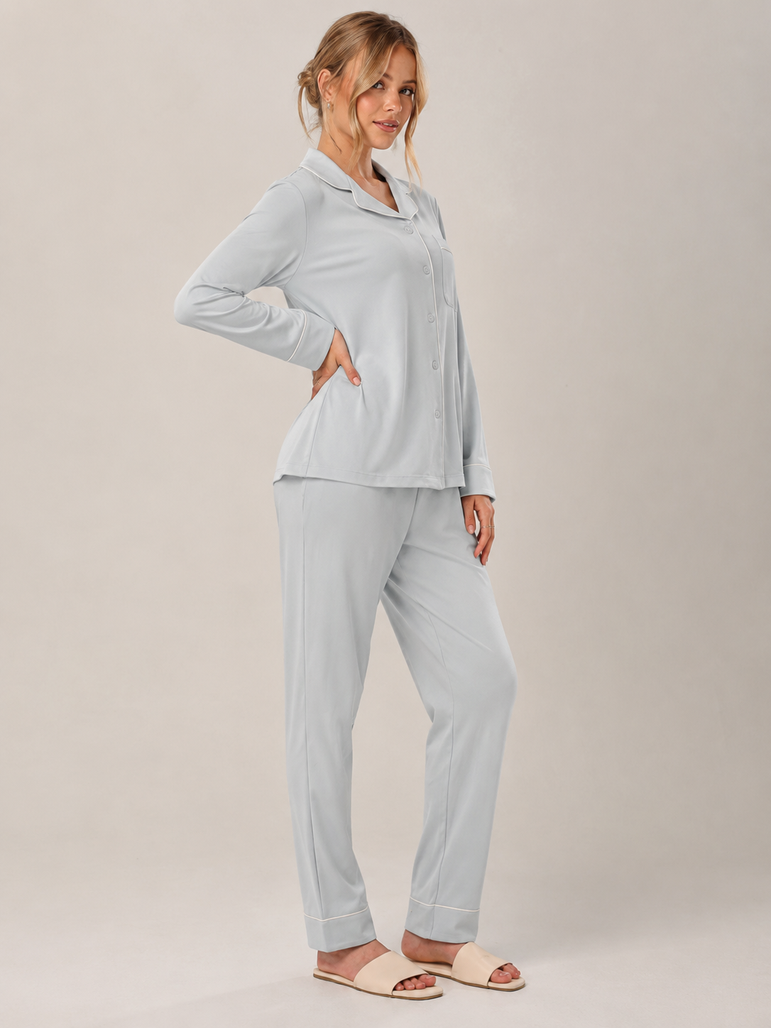 Ice Blue Cotton Button-Front Pajama Set #color_Ice Blue