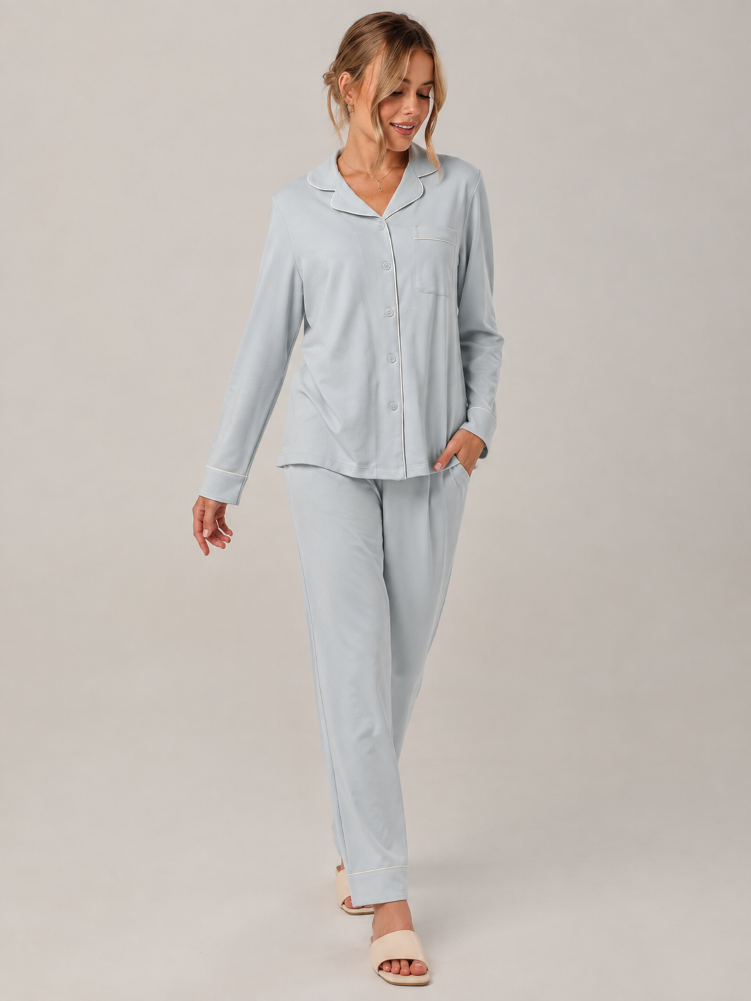 Ice Blue Cotton Button-Front Pajama Set #color_Ice Blue