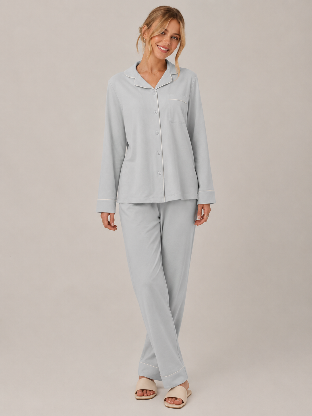 Ice Blue Cotton Button-Front Pajama Set #color_Ice Blue