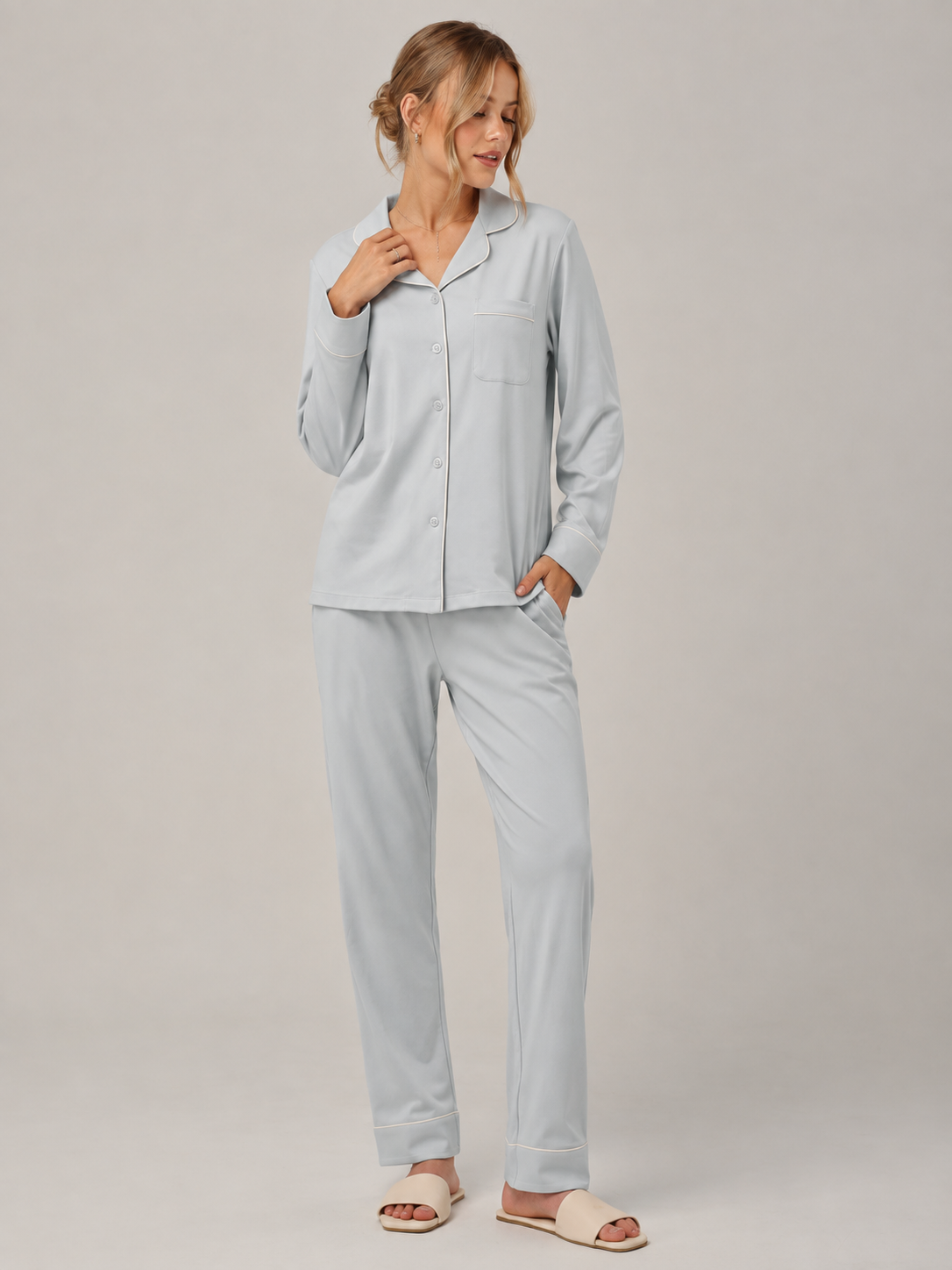 Ice Blue Cotton Button-Front Pajama Set #color_Ice Blue