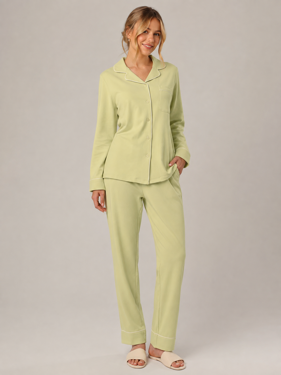 Lime Green Cotton Button-Front Pajama Set #color_Lime Green