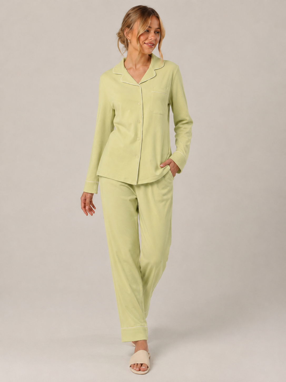 Lime Green Cotton Button-Front Pajama Set #color_Lime Green