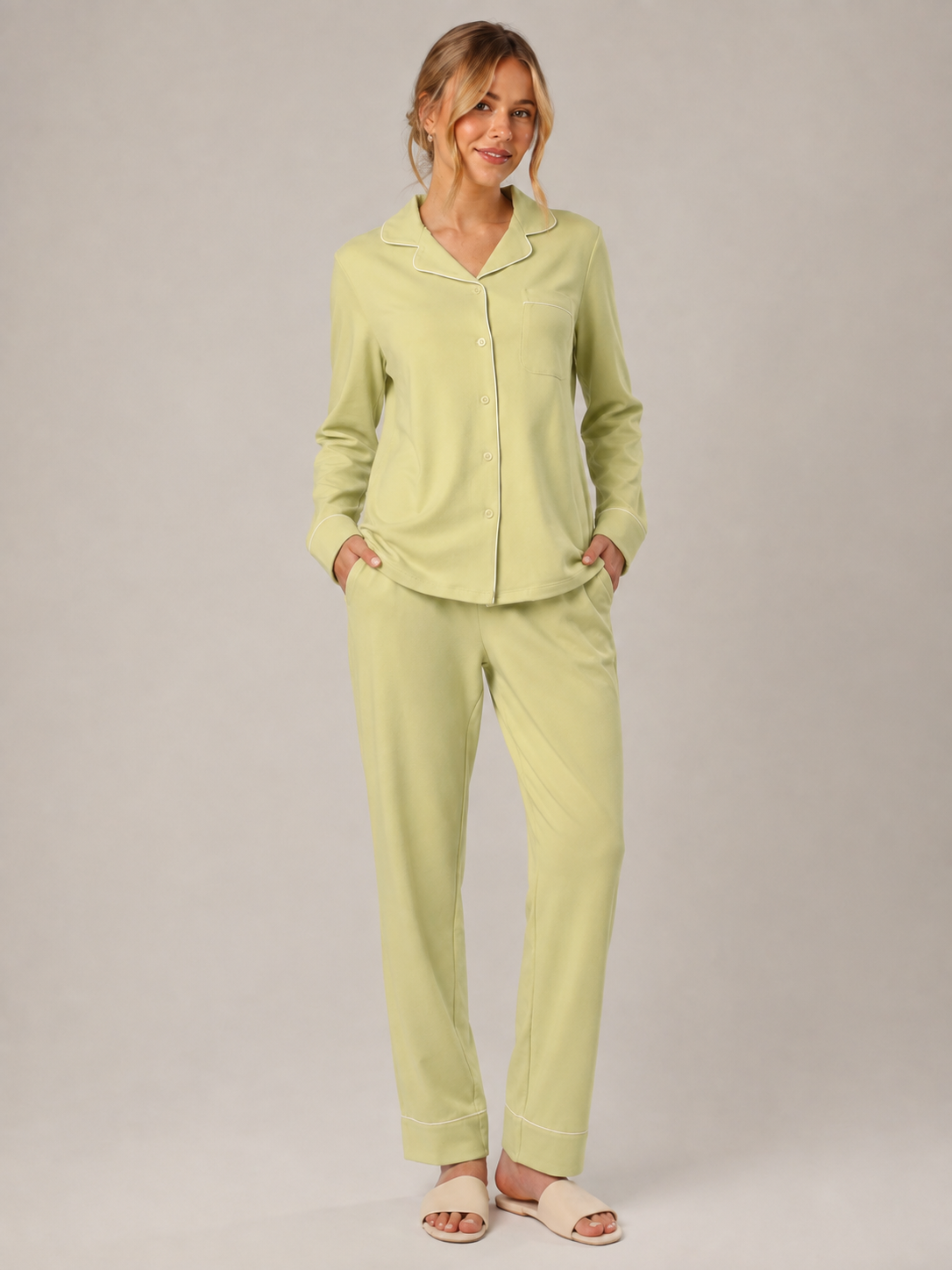 Lime Green Cotton Button-Front Pajama Set #color_Lime Green