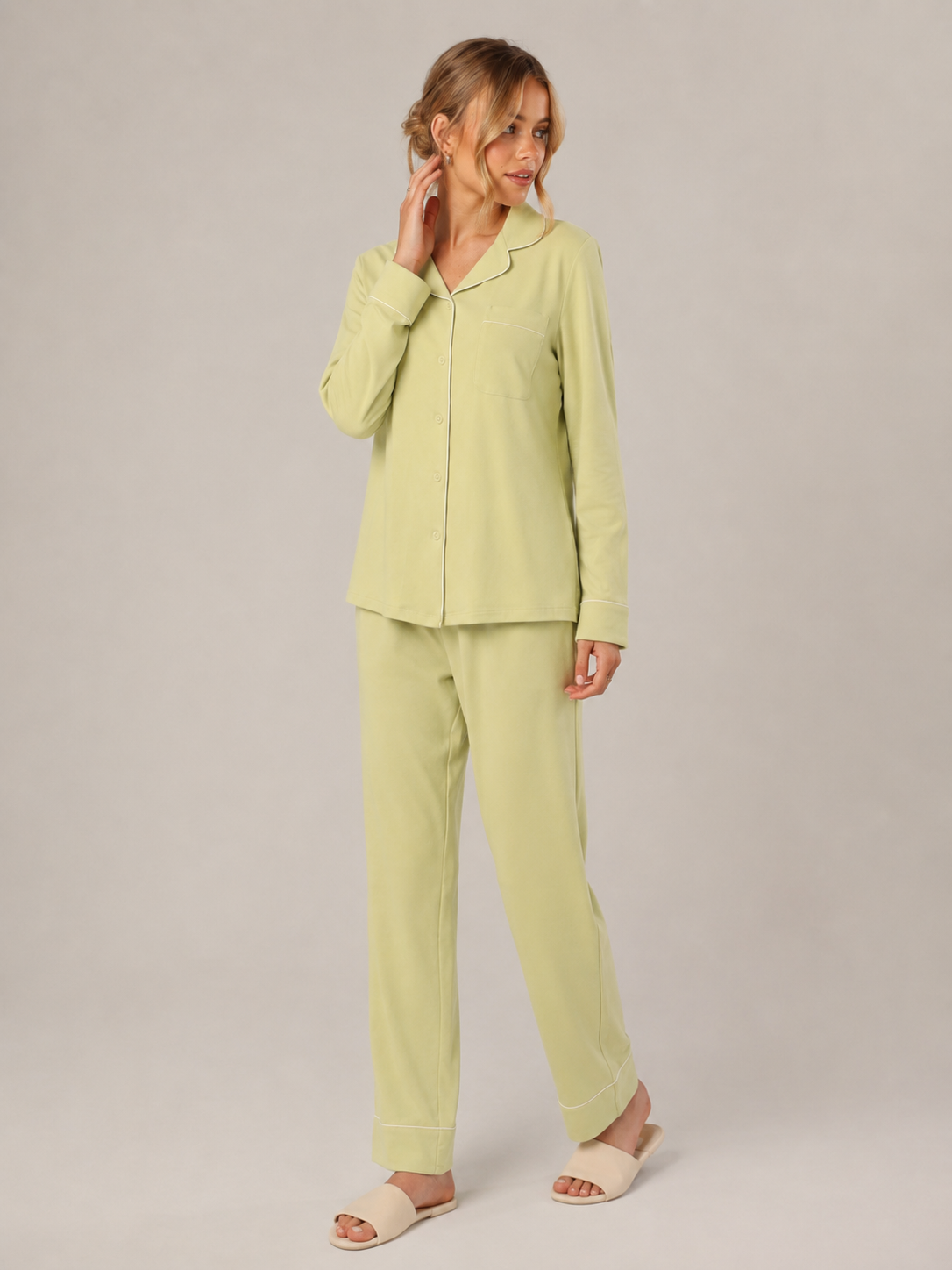 Lime Green Cotton Button-Front Pajama Set #color_Lime Green